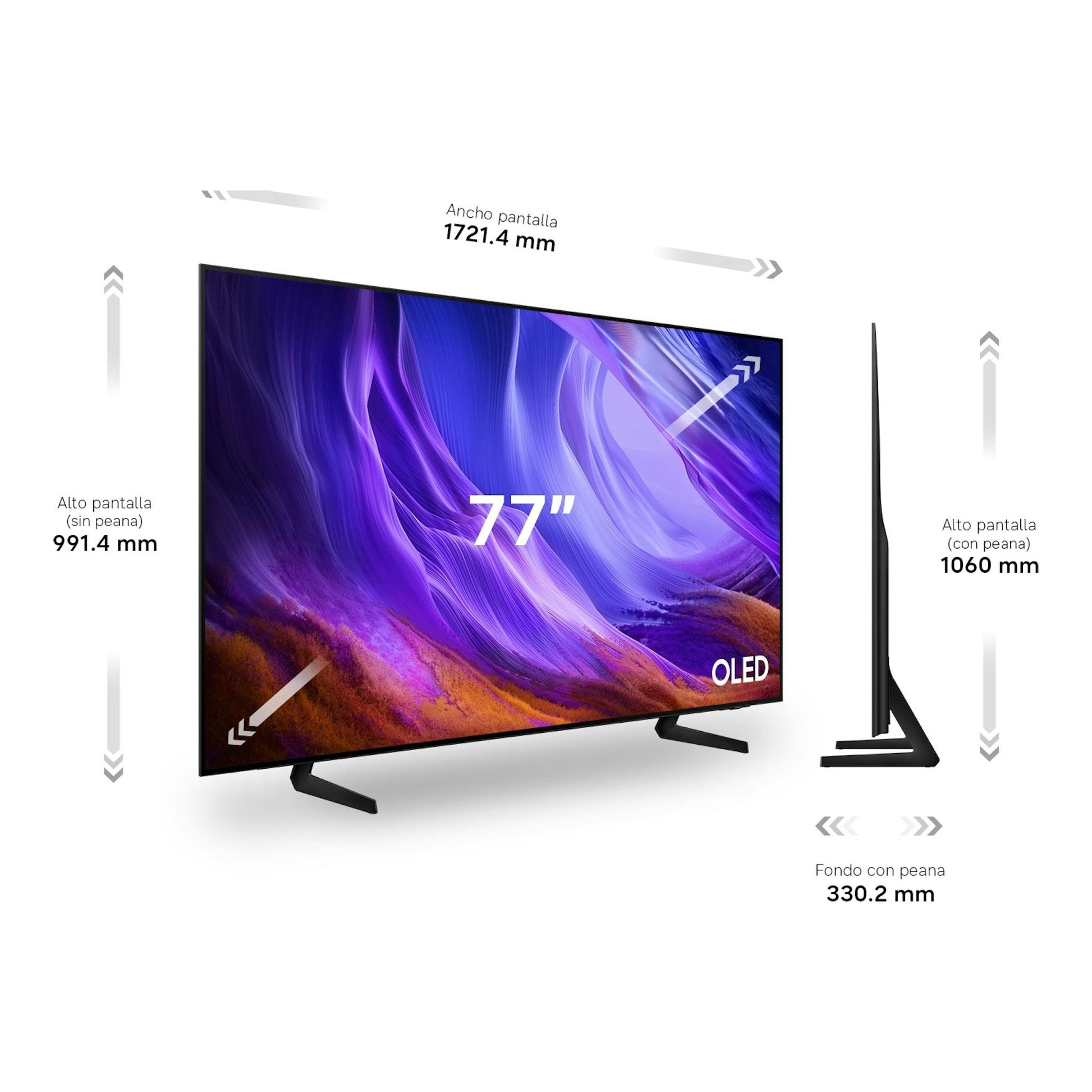 Samsung TQ77S83HAEXXC, TV OLED de 77", vista frontal y lateral, negra, con peana.