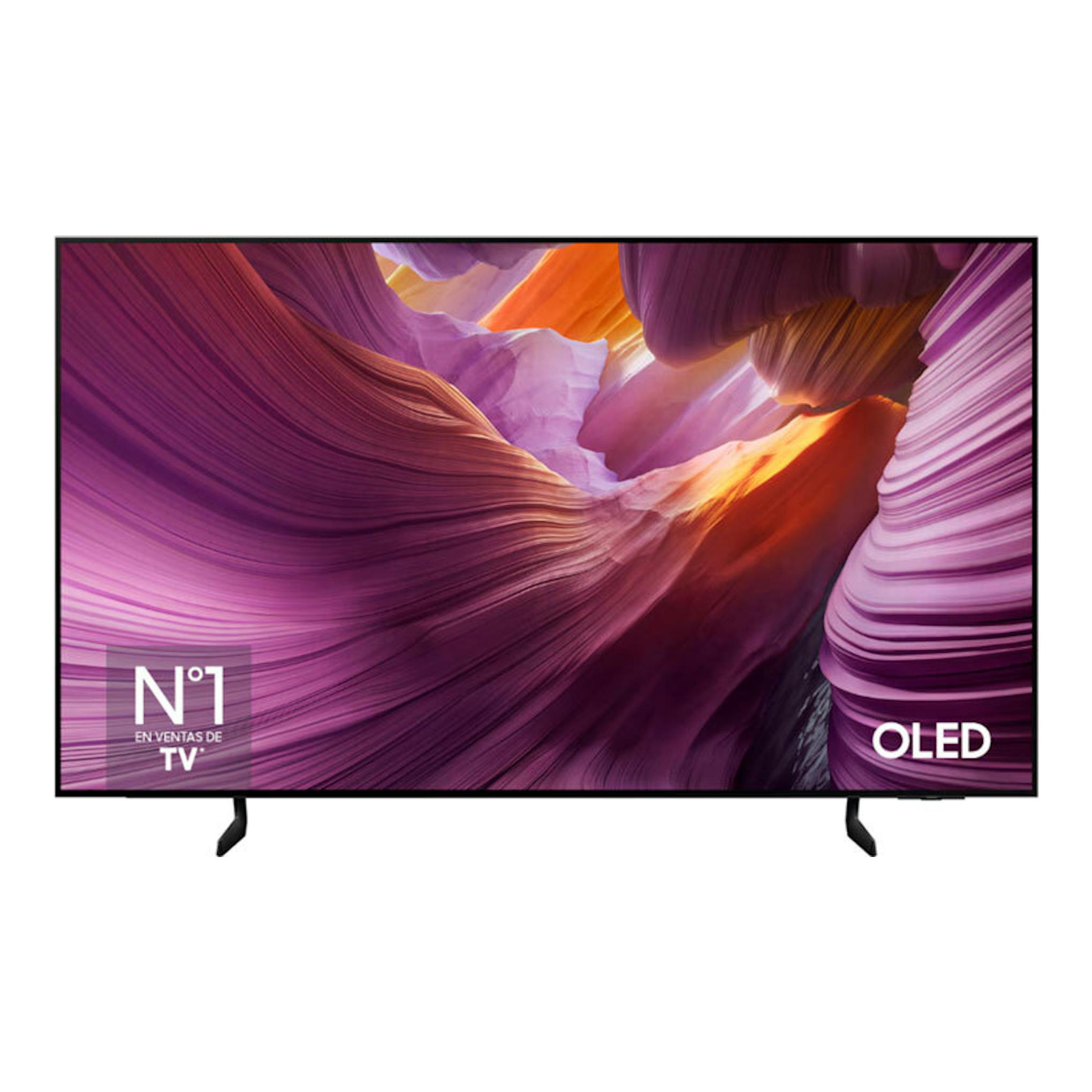 TV Samsung TQ77S85FAEXXC OLED 4K, vista frontal, marco negro y base, sobre fondo blanco.