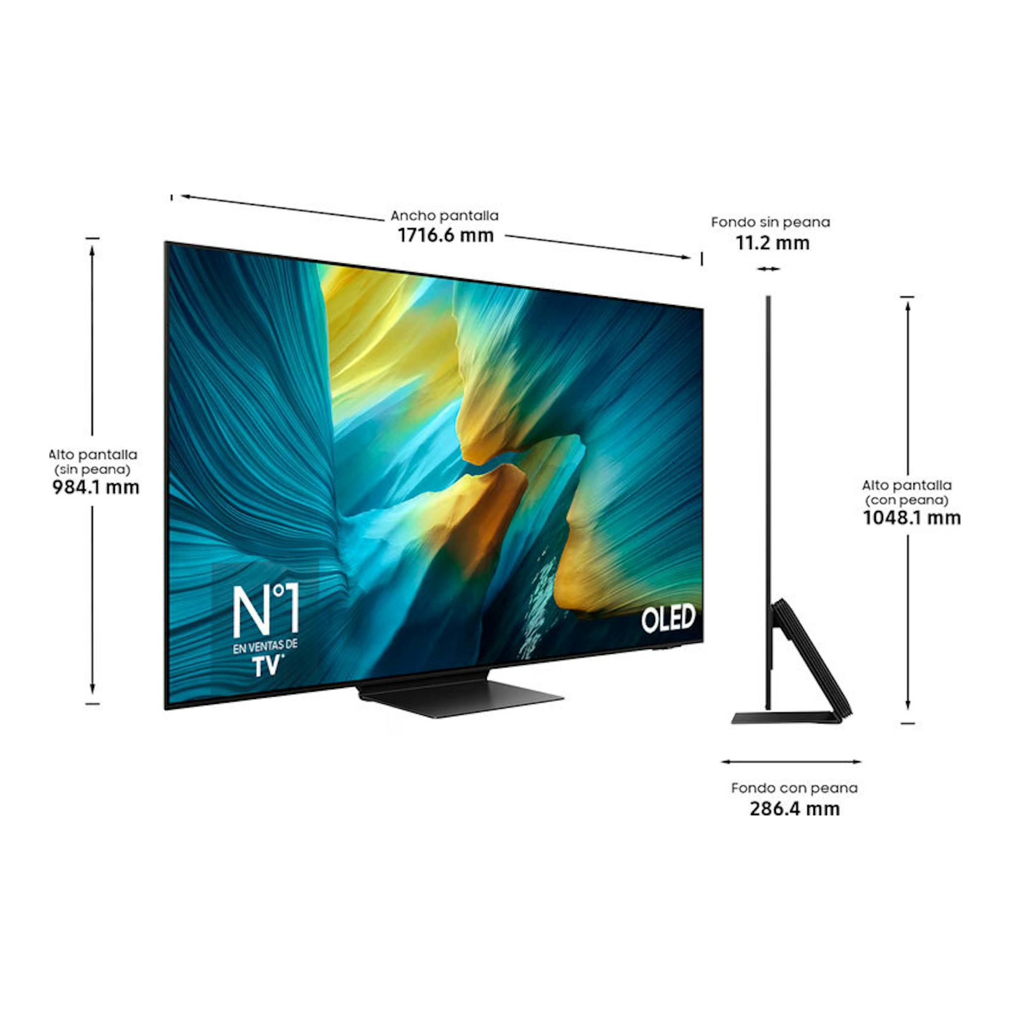 TV Samsung TQ77S95FATXXC OLED 4K de 77", vista frontal y lateral, con peana y medidas.