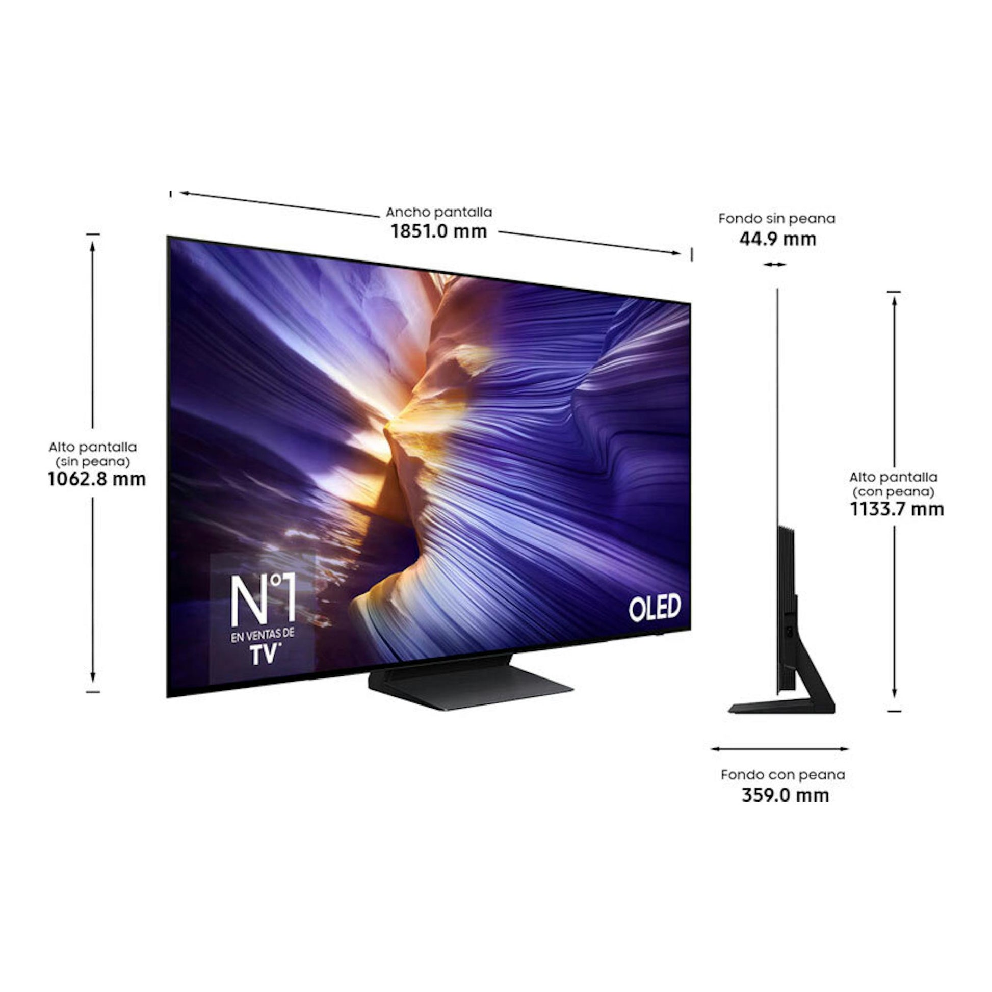 Samsung TQ83S93FAEXXC, TV OLED 4K de 83” en vista frontal y lateral, con peana y medidas de ancho y fondo.