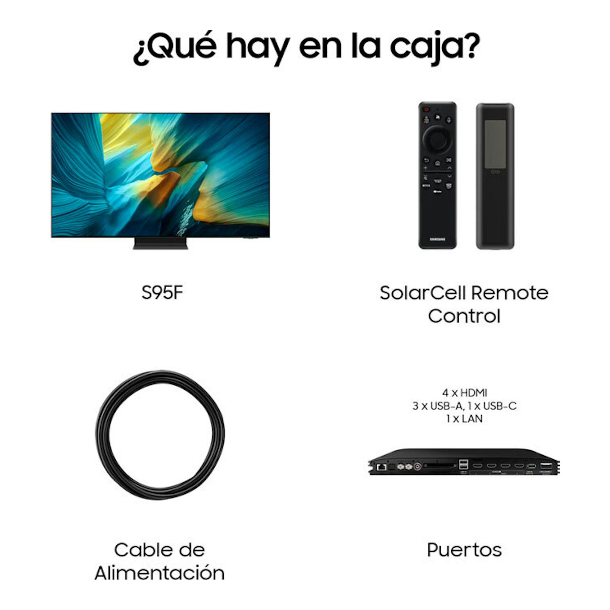 Samsung S95F OLED 4K: TV frontal, mando SolarCell, cable de alimentación y puertos HDMI/USB/LAN.