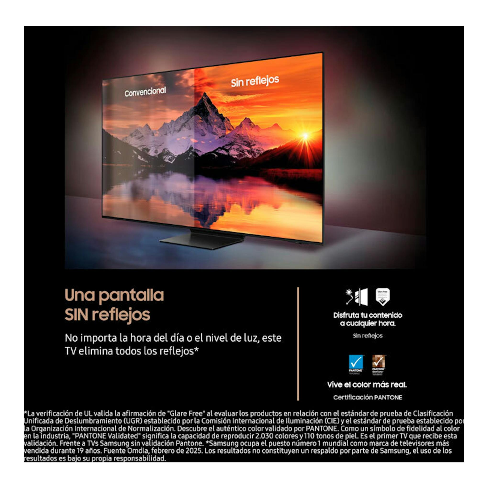 Samsung TQ83S95FAEXXC OLED 4K de 83", vista frontal de un TV en anuncio comparando Convencional y Sin reflejos.