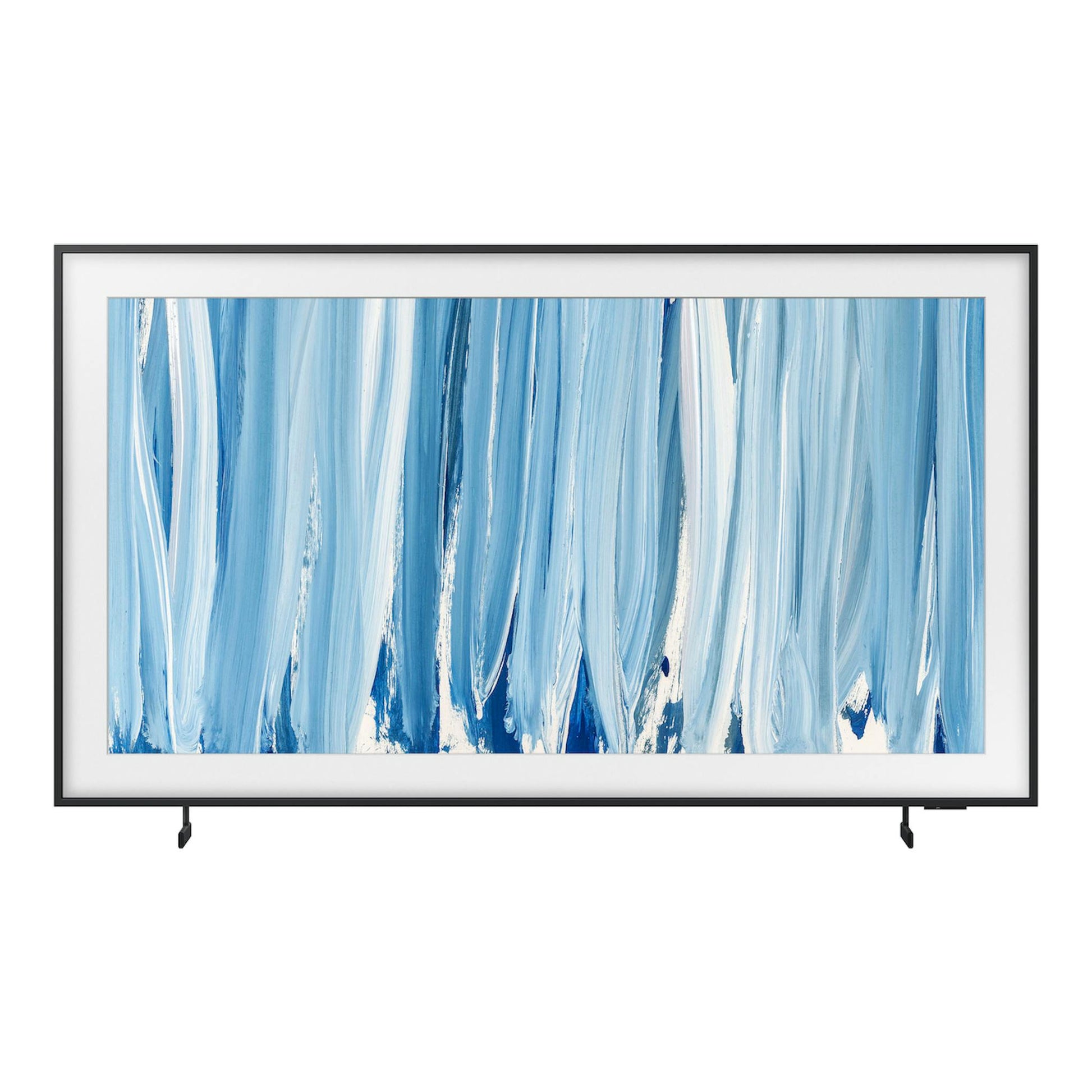 Televisor Samsung TQ85LS03HWUXXC negro, vista frontal, con marco fino y pantalla con arte abstracto azul.