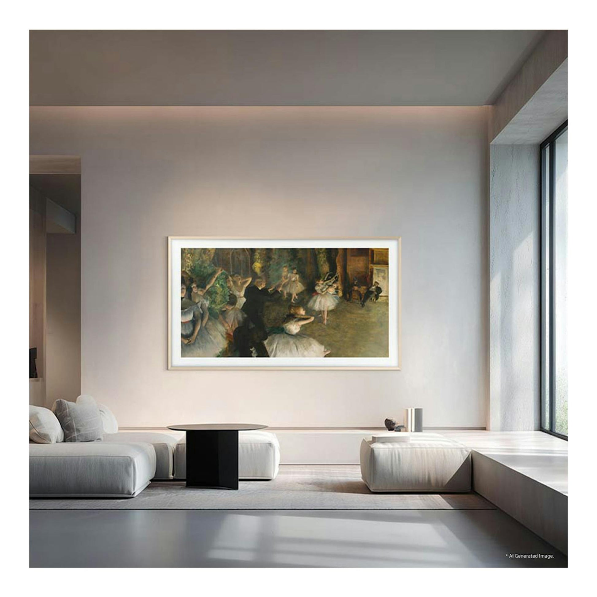 TV Samsung TQ85LS03HWUXXC montado en pared, con marco blanco y una pintura en pantalla, en salón minimalista.
