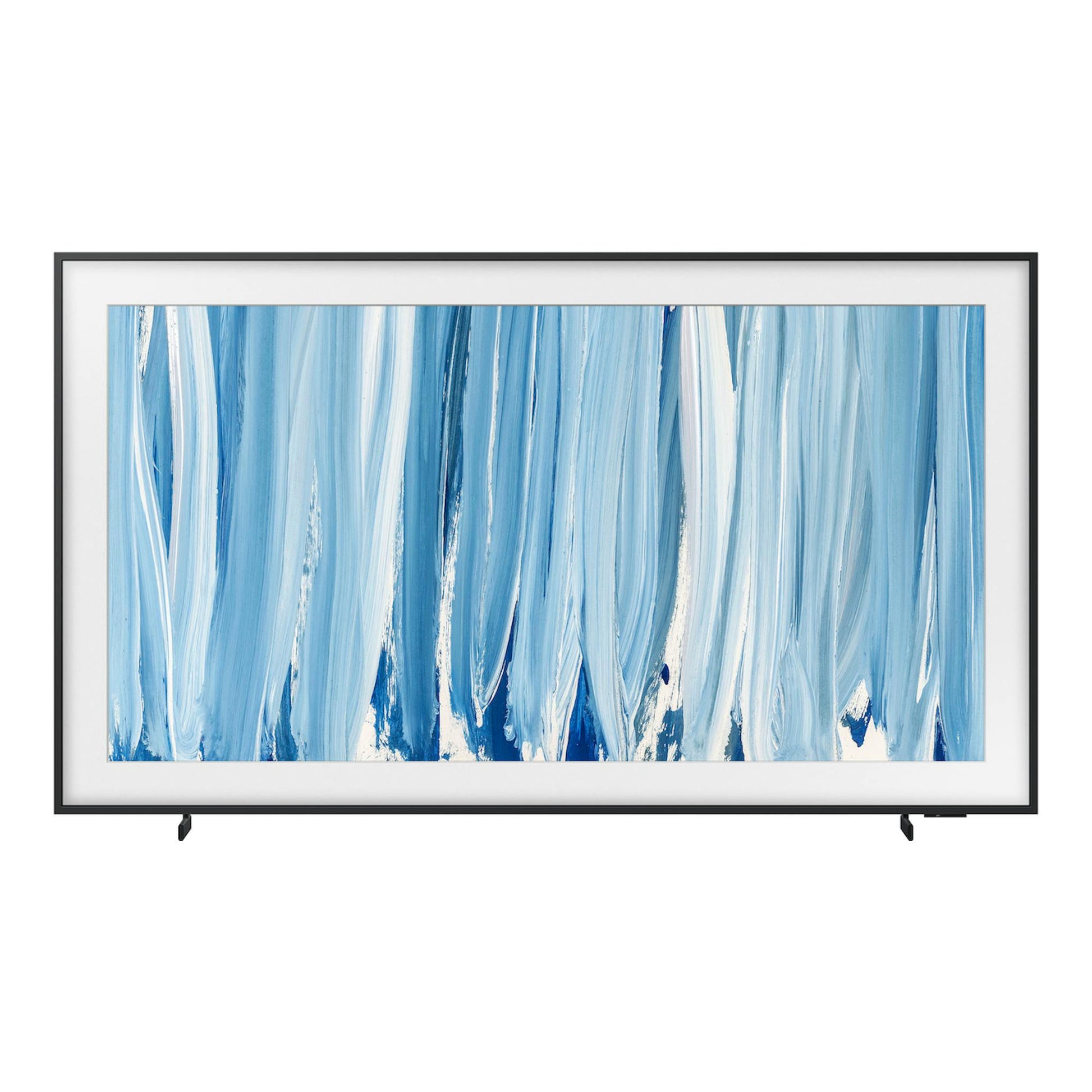 Televisor Samsung TQ85LS03HWUXXC, vista frontal, marco negro, fondo blanco y arte abstracto azul.