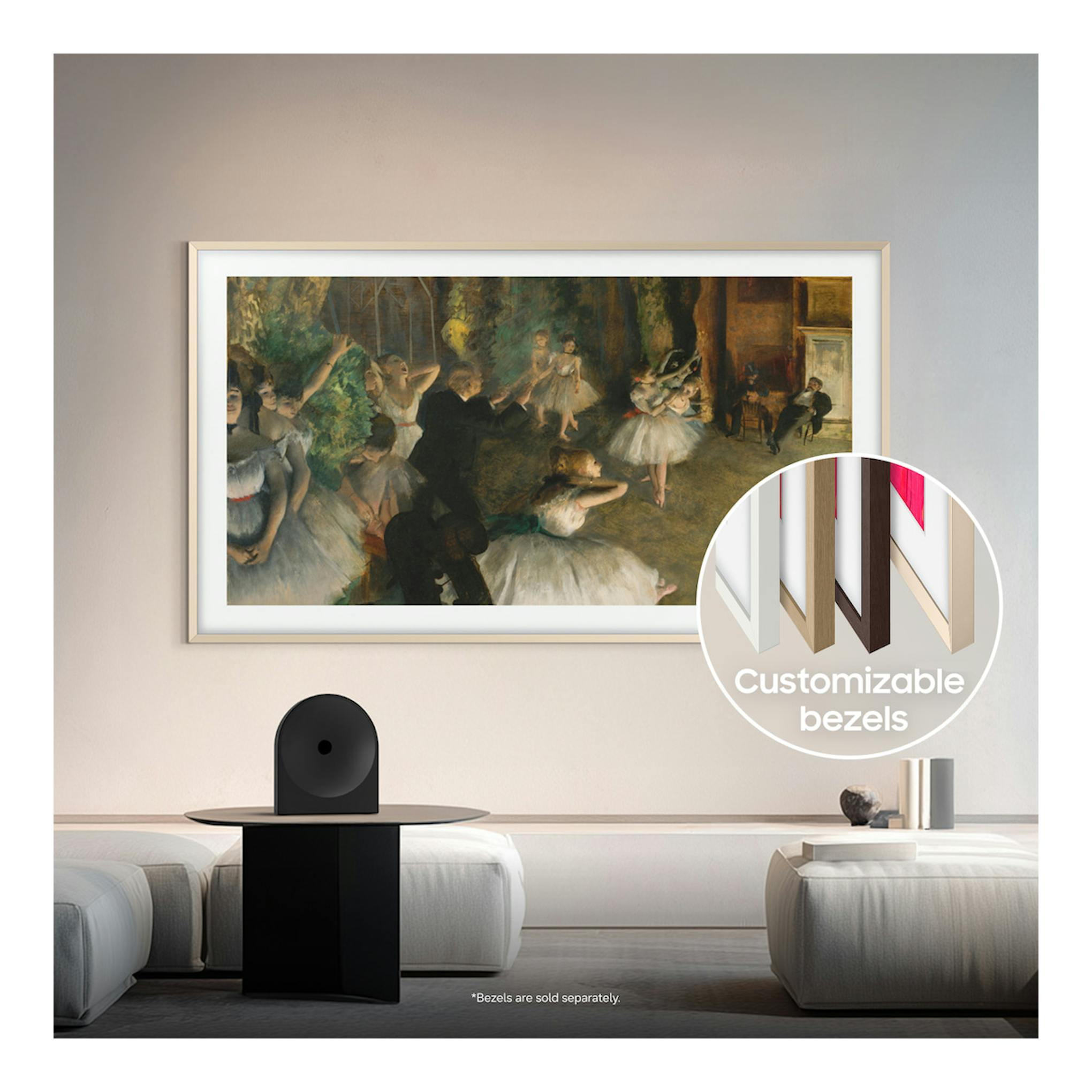 TV Samsung TQ85LS03HWUXXC, vista frontal, montado en pared, con marco blanco y obra de arte en pantalla.