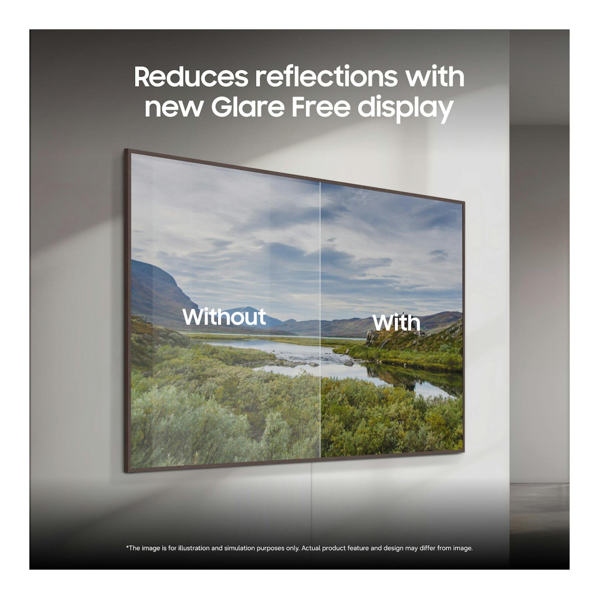 Televisor Samsung TQ85LS03HWUXXC de pared, vista frontal oblicua, pantalla dividida con comparación antirreflejo.