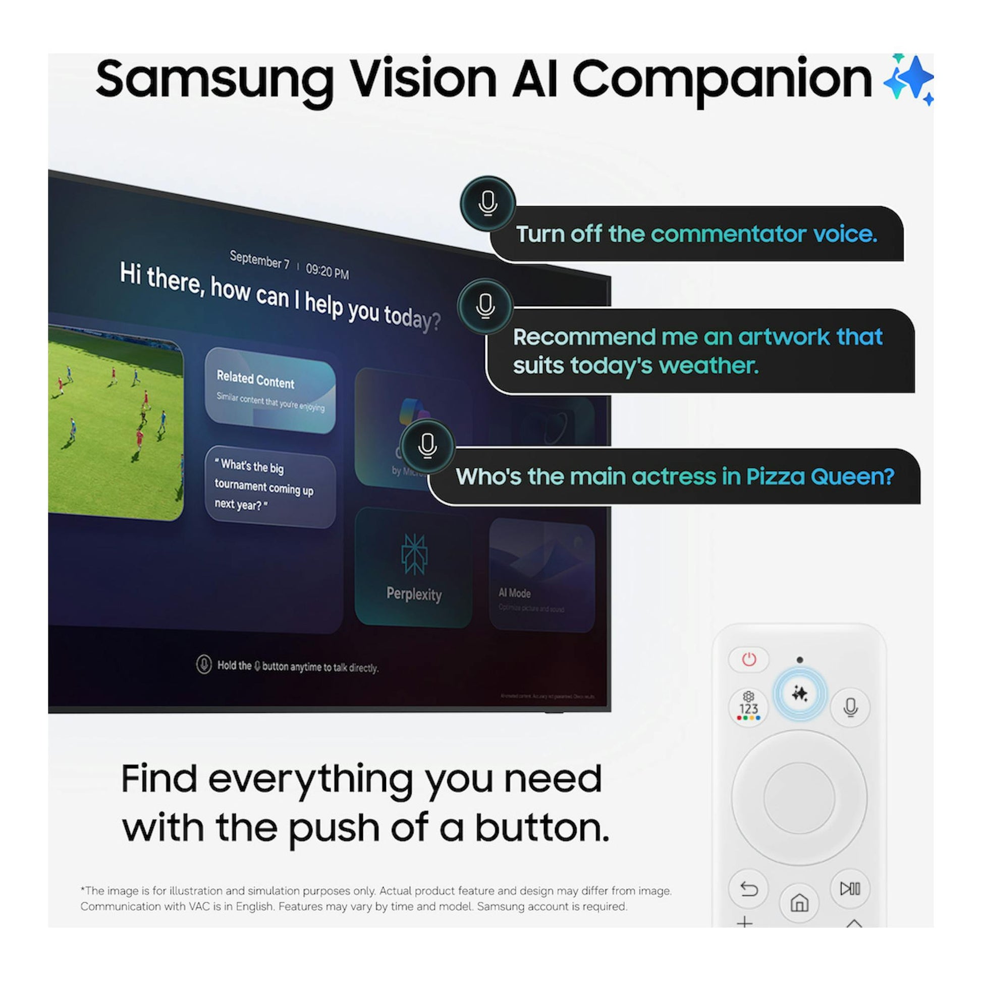 Anuncio de Samsung Vision AI Companion con televisor y mando a distancia blanco.