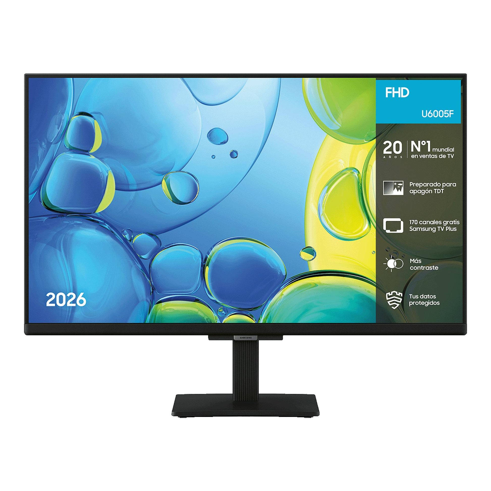 Televisor Samsung U6005F negro, vista frontal, con base central y pantalla con gráfico azul y verde.