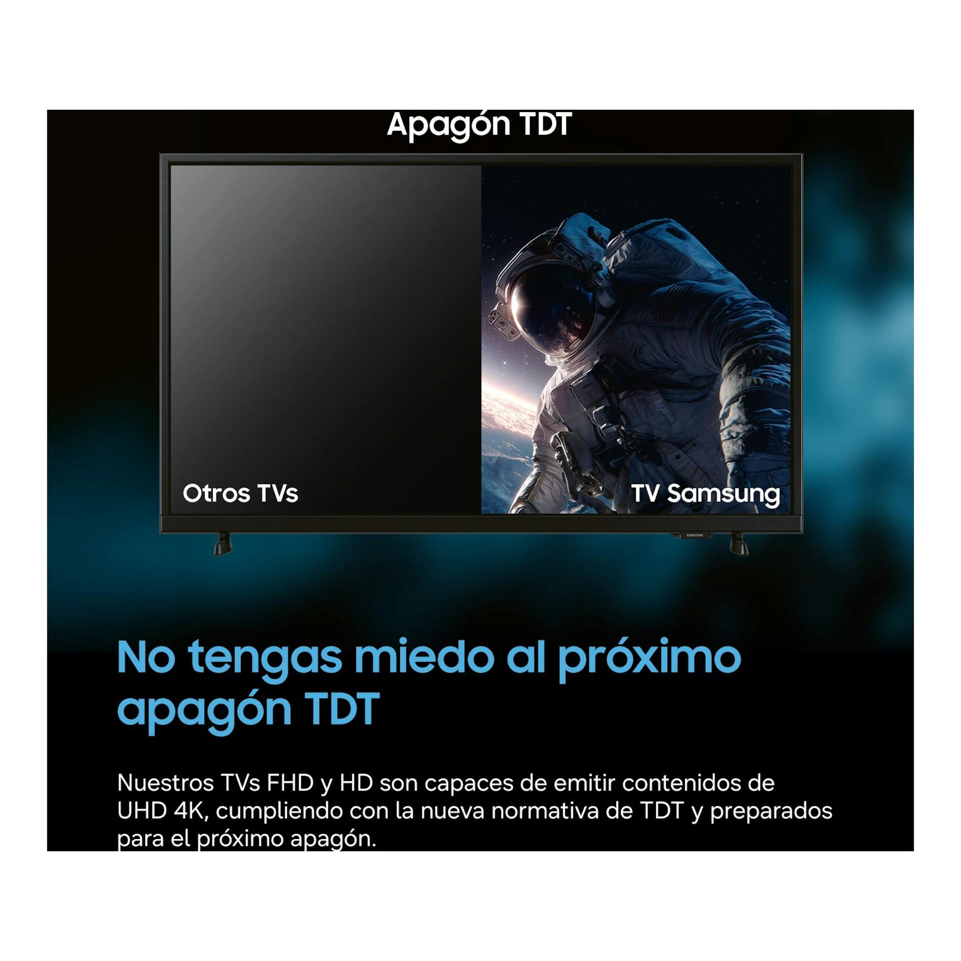 Samsung TU27F6005FKXSP, TV vista frontal en gráfico de apagón TDT con comparación entre otros TVs.