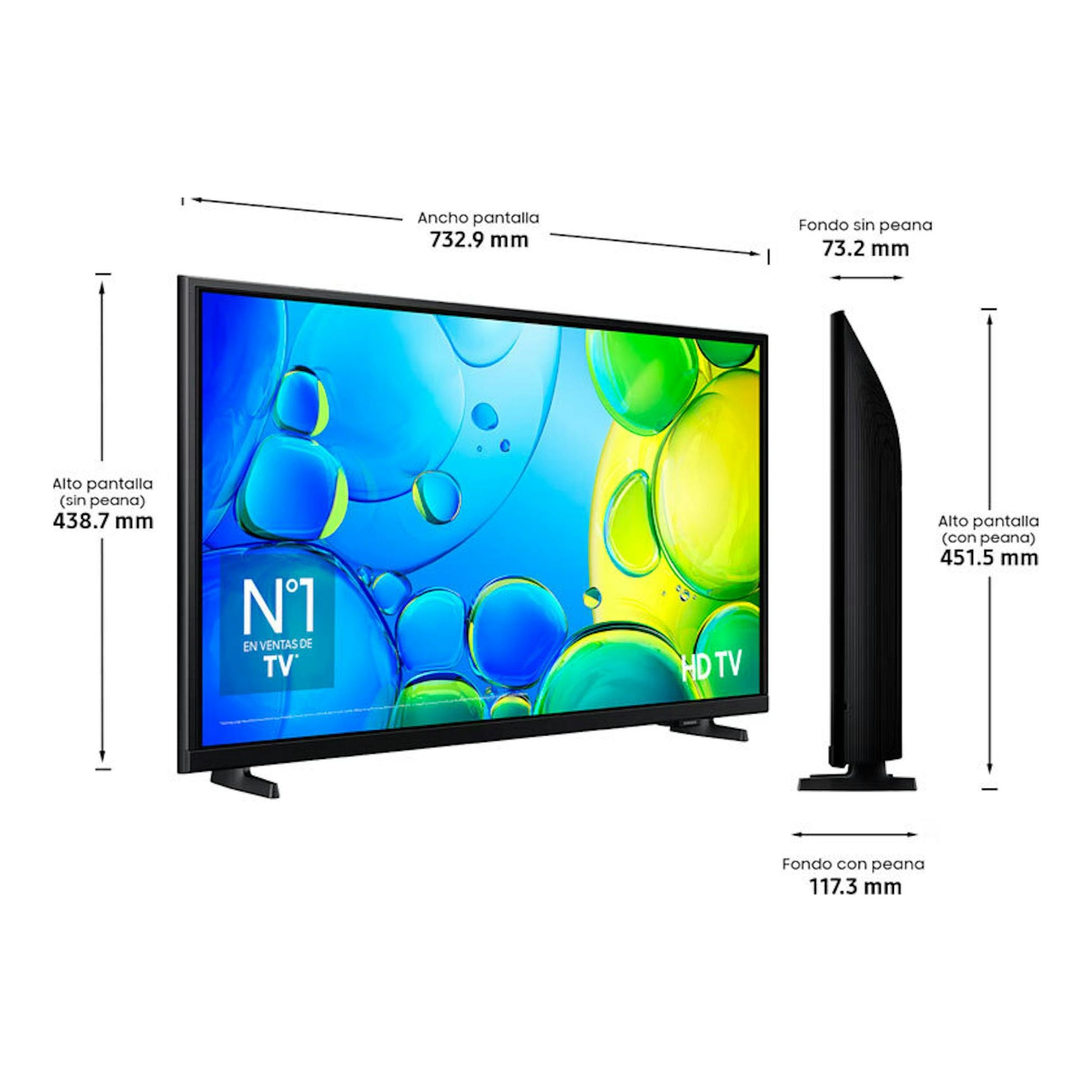 TV Samsung TU32F6005FKXXC negra, vista frontal y lateral, con medidas de ancho y fondo indicadas.