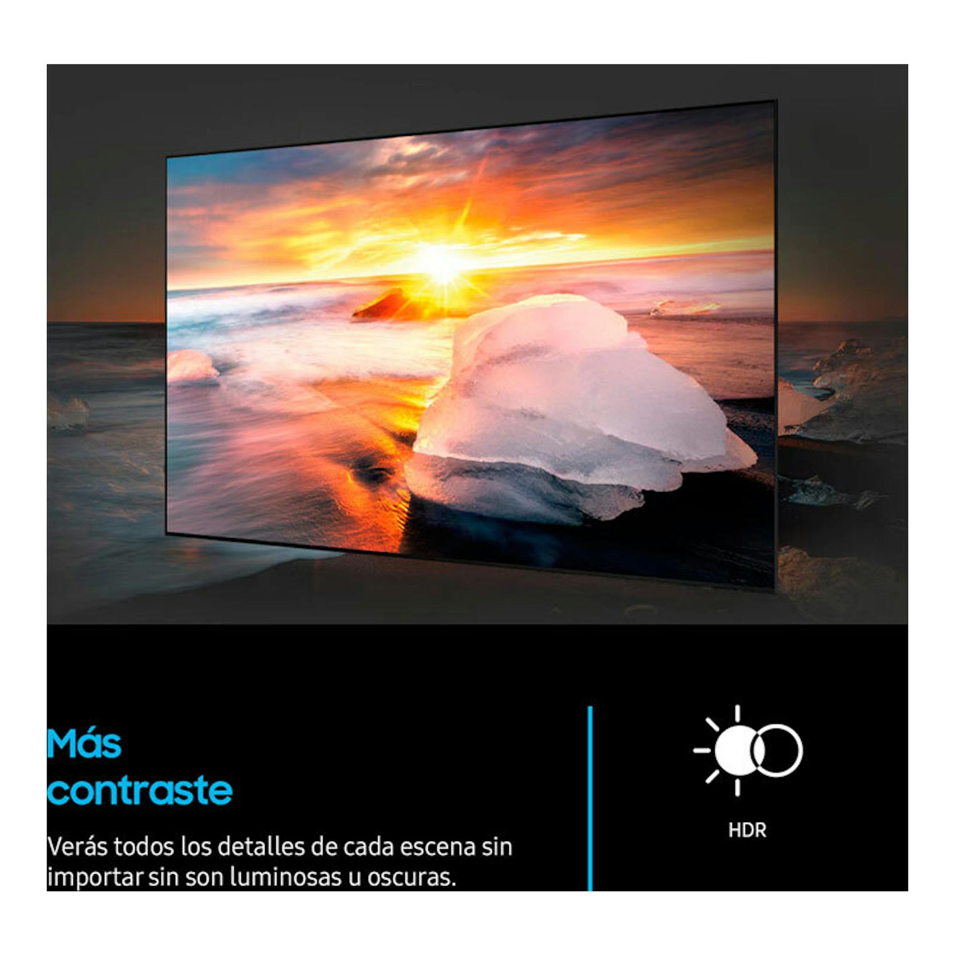 Televisor Samsung TU32F6005FKXXC en vista frontal inclinada, con paisaje al atardecer en pantalla y texto HDR.