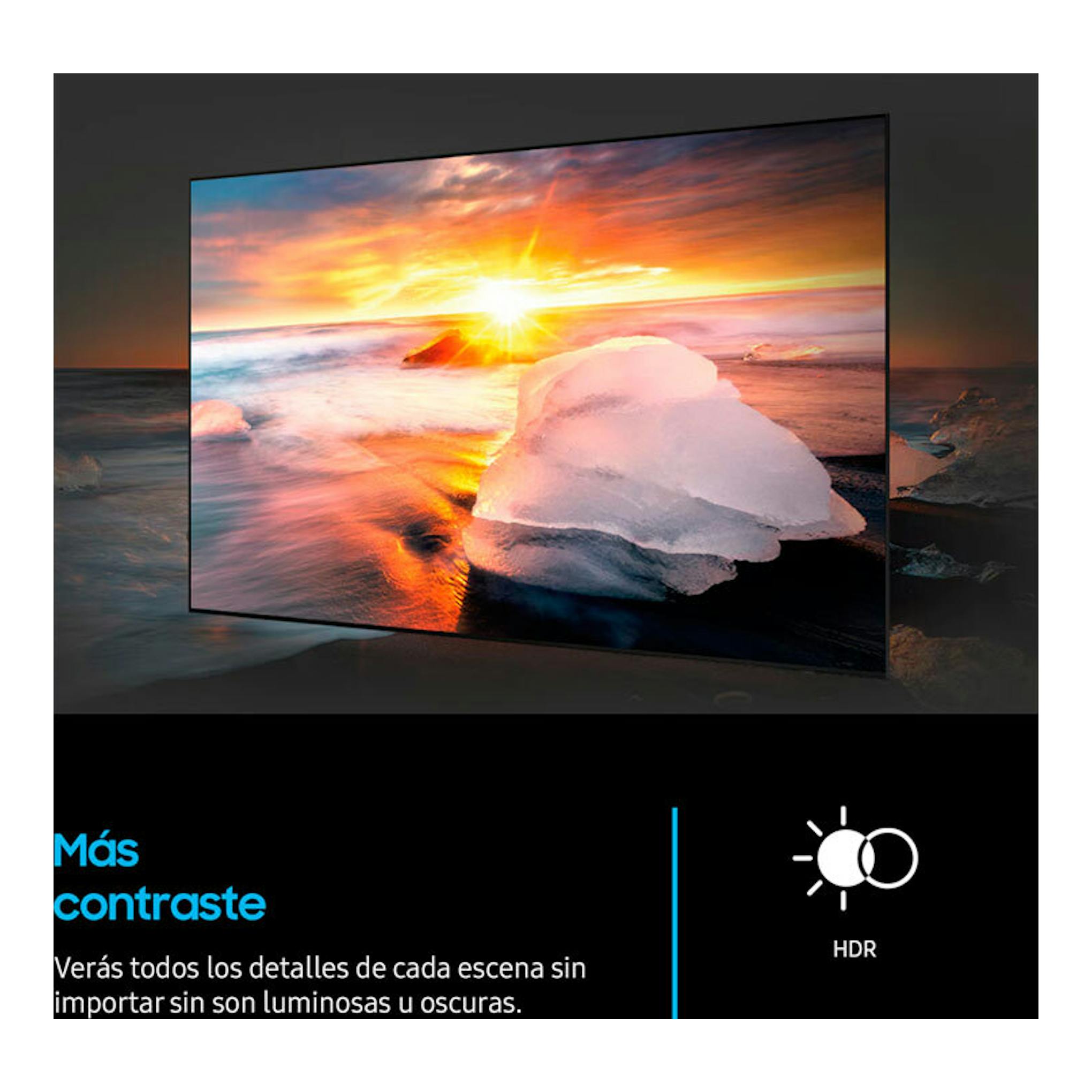 Televisor Samsung TU32F6005FKXXC en vista frontal inclinada, con paisaje al atardecer en pantalla y texto HDR.