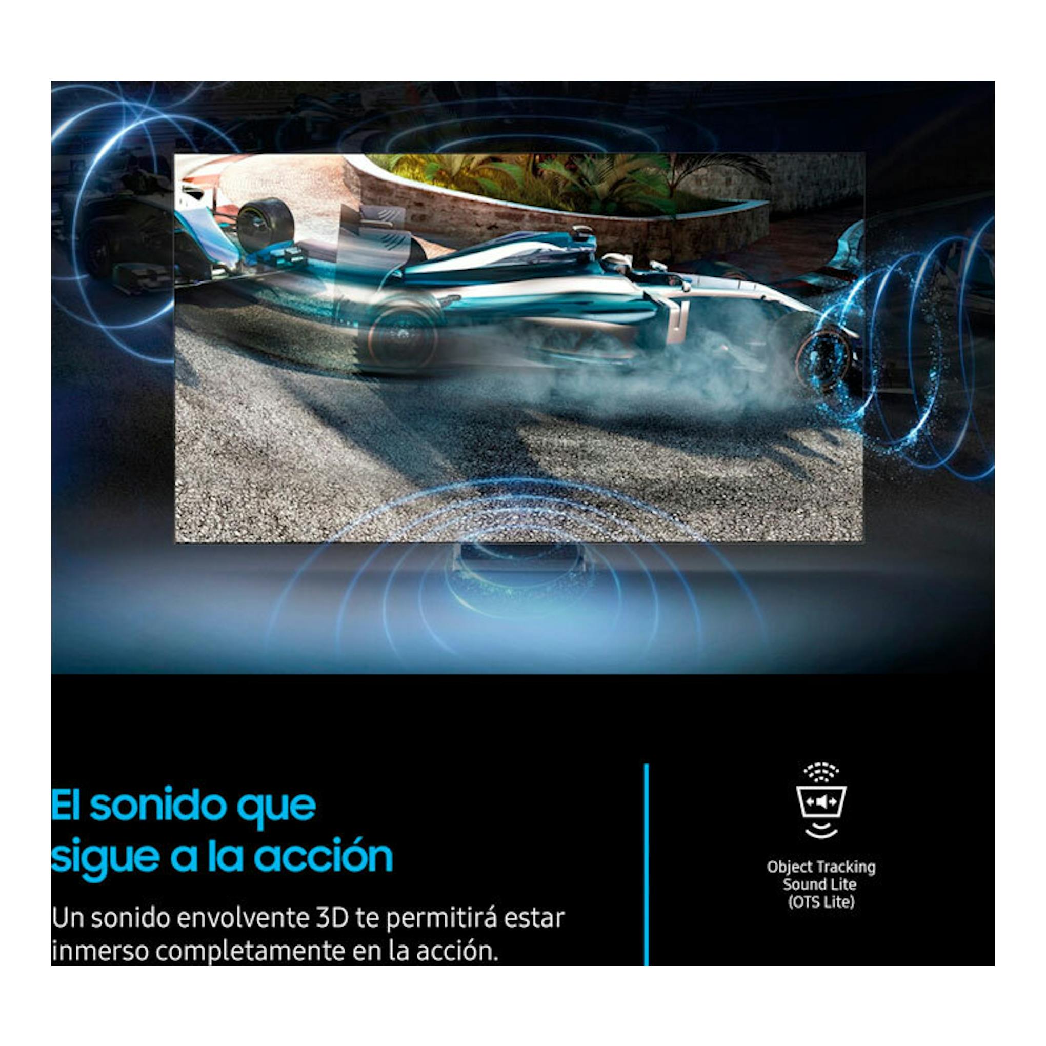 Cartel de Samsung TU32F6005FKXXC con un coche de carreras y el texto «El sonido que sigue a la acción».