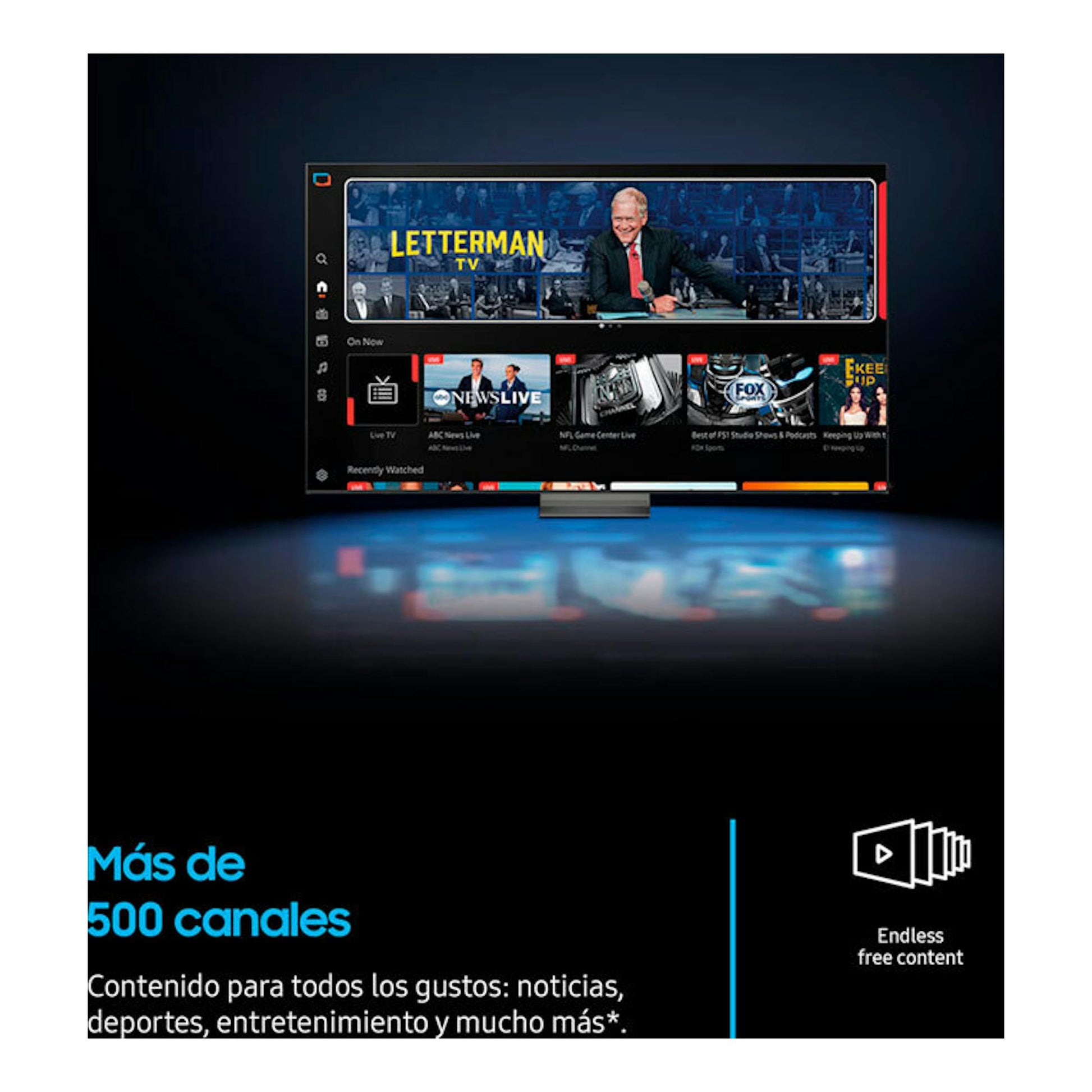 Televisor Samsung TU32F6005FKXXC de frente, con interfaz de canales en pantalla y fondo negro.