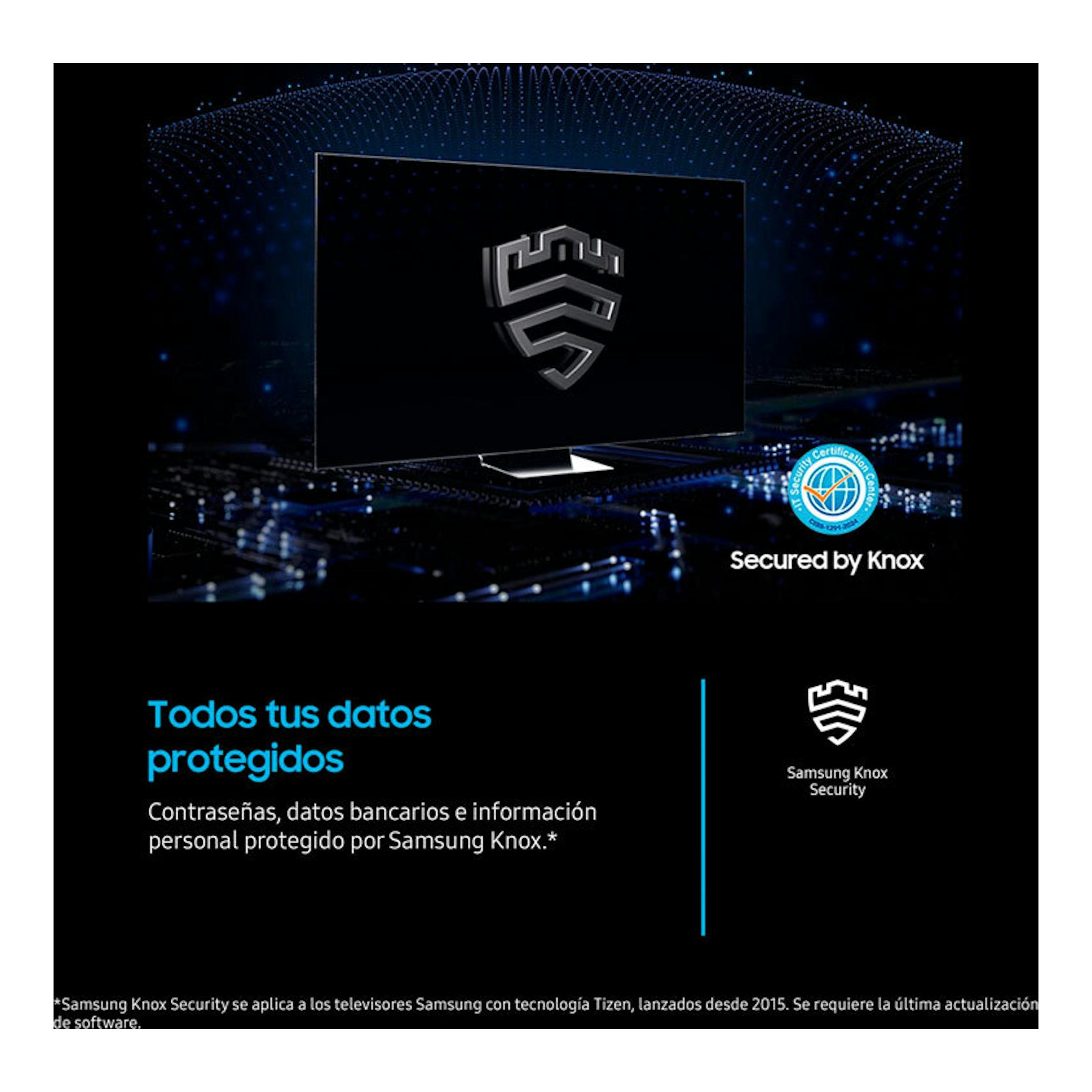 TV Samsung TU32F6005FKXXC, vista frontal, pantalla negra con logo Knox y texto «Todos tus datos protegidos».