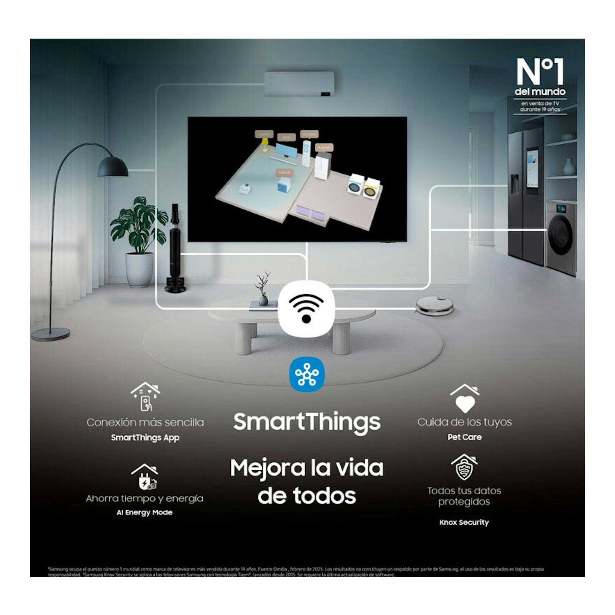 Anuncio de Samsung TU32F6005FKXXC: televisor negro montado en pared en un salón moderno, con iconos de SmartThings.