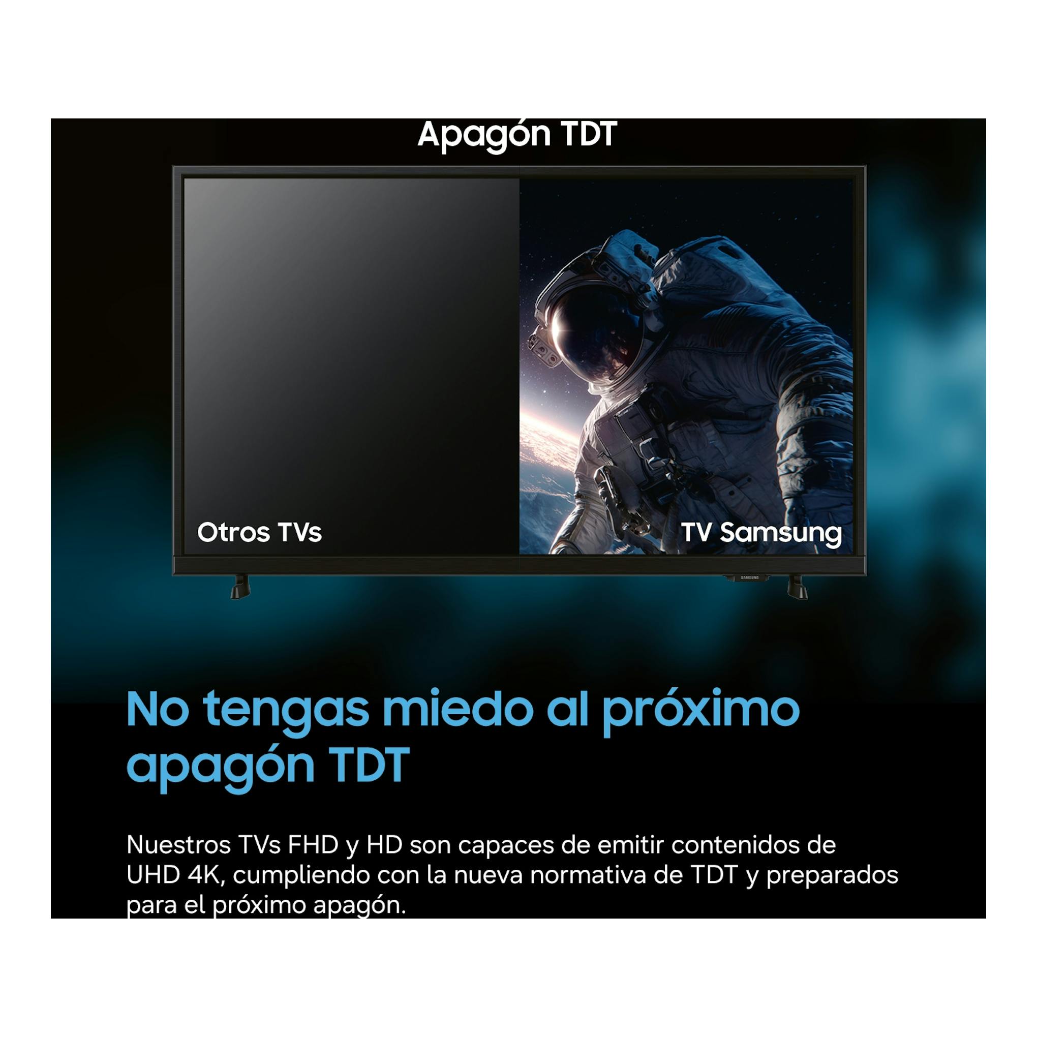 TV Samsung frontal, pantalla dividida con astronauta y texto "Apagón TDT".