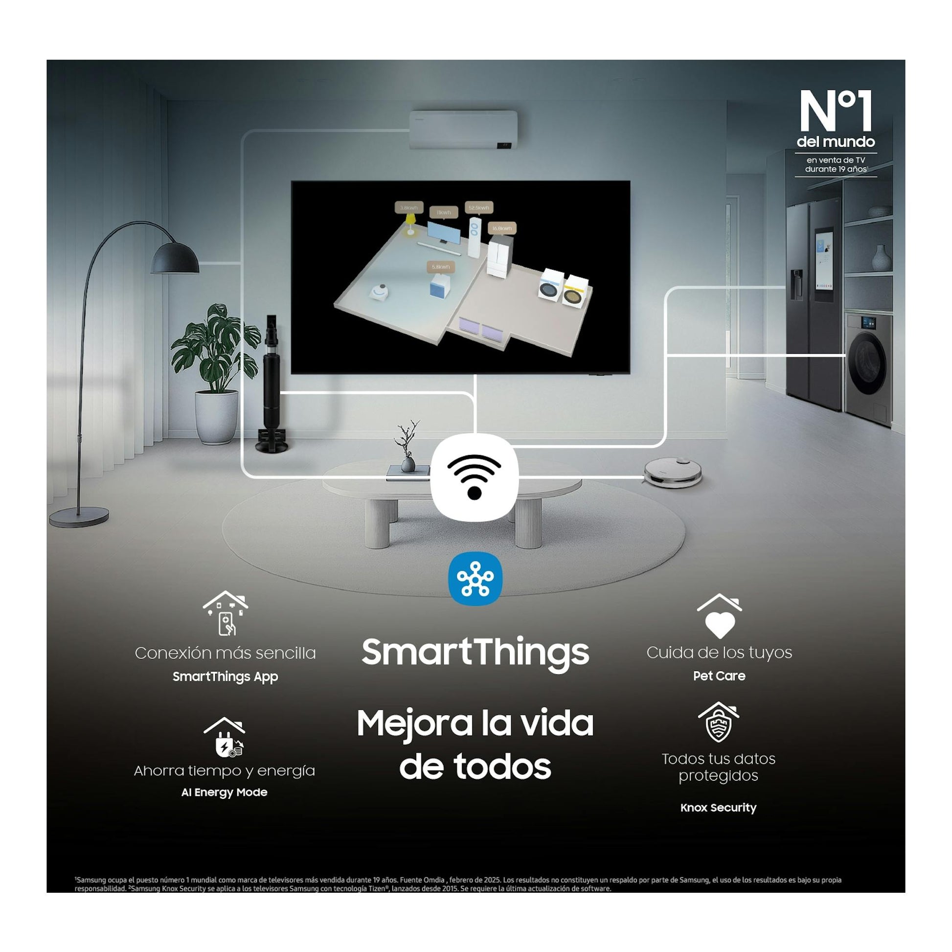 Ilustración promocional de Samsung SmartThings con TV Samsung negra, vista frontal, en salón moderno.