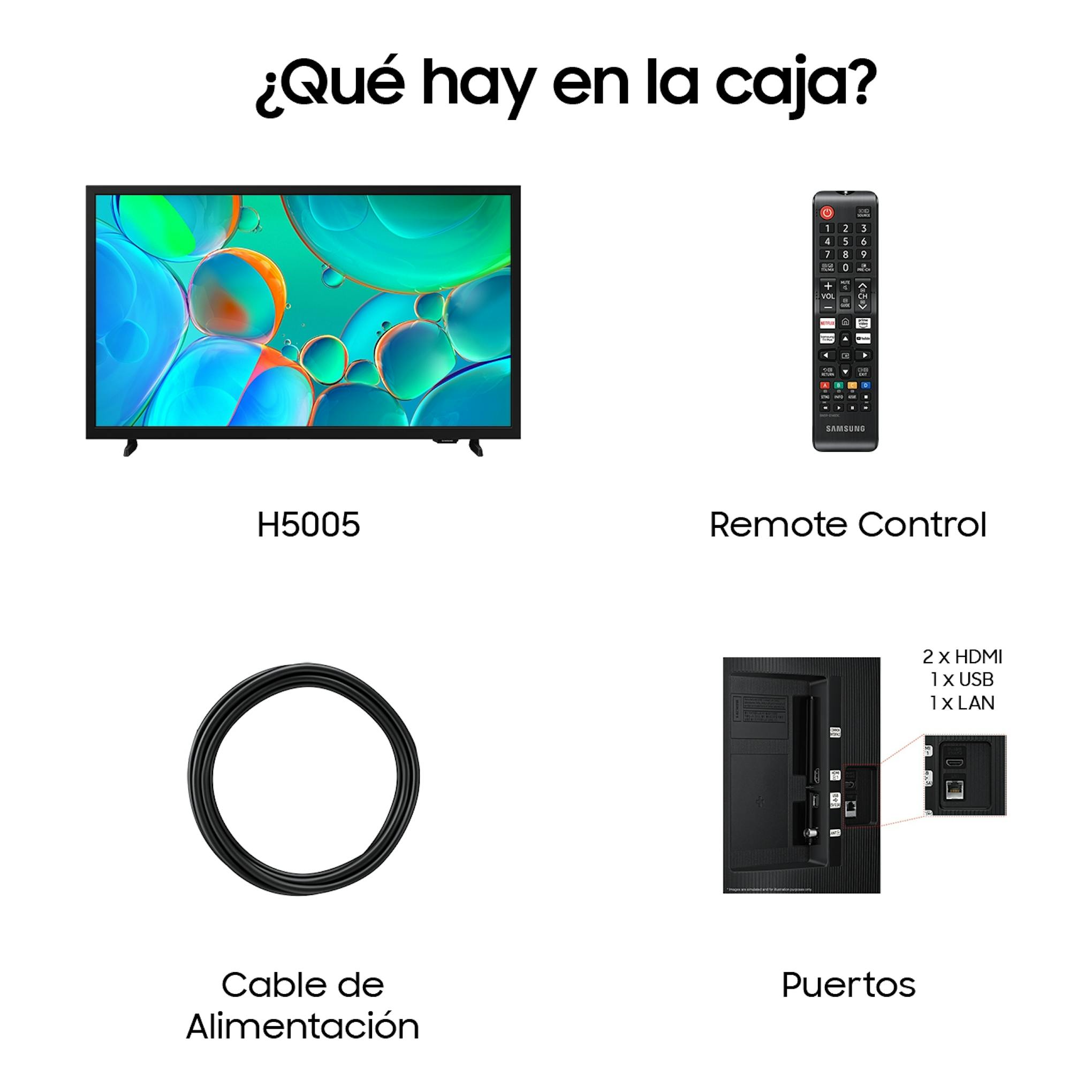 Samsung H5005: TV frontal, control remoto, cable de alimentación y puertos HDMI, USB y LAN.