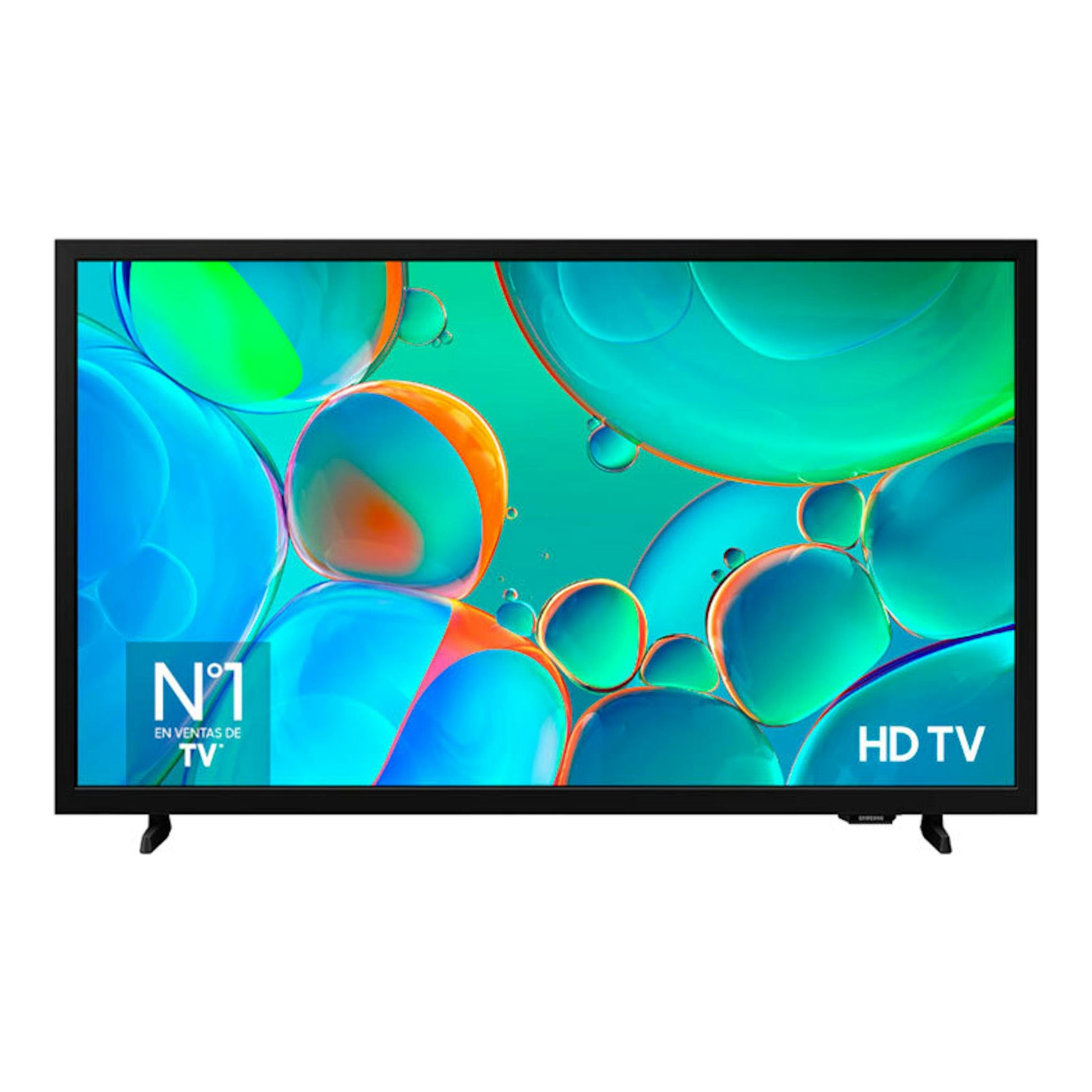 Televisor Samsung TU32H5005FKXXC negro, vista frontal, con pantalla de colores abstractos.