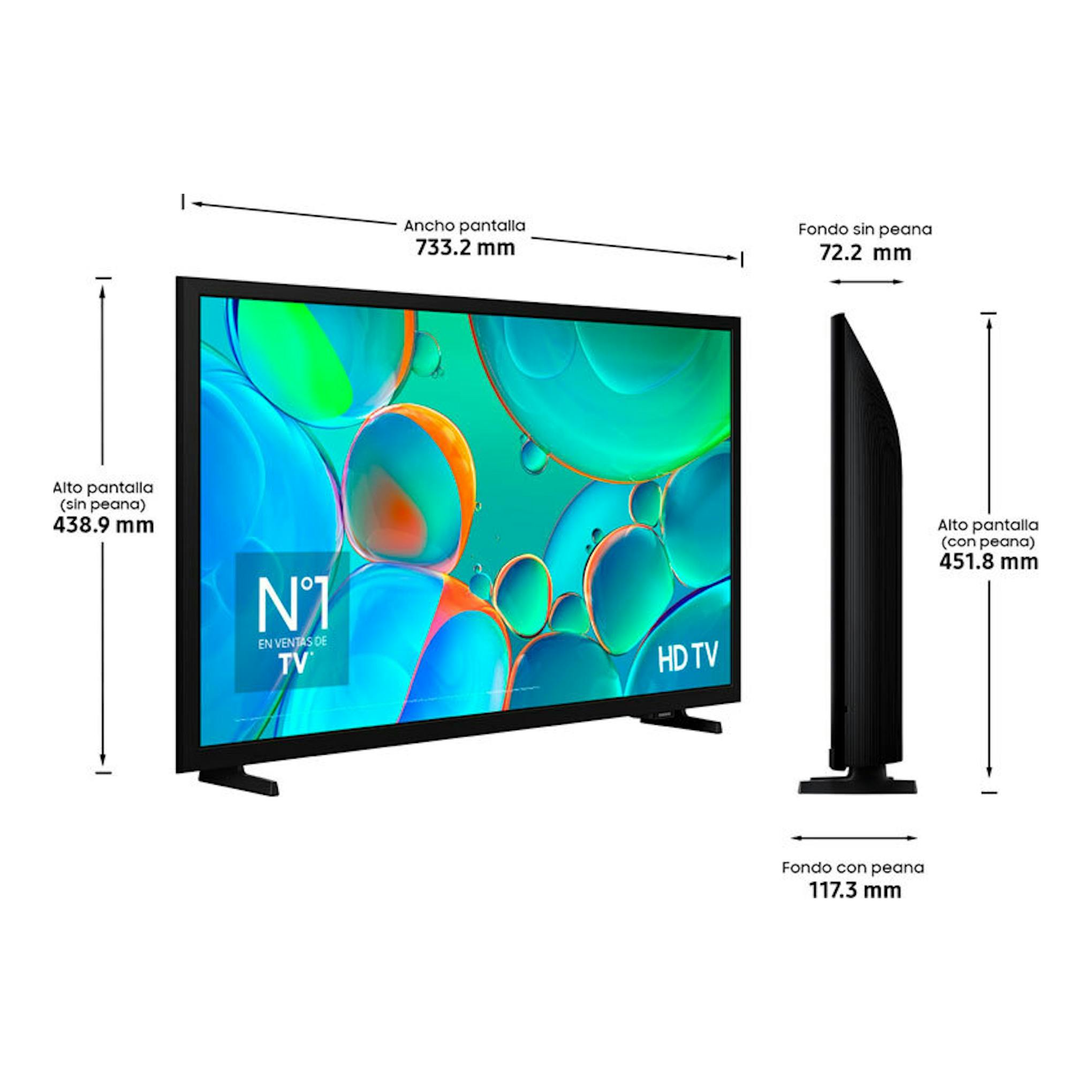 Samsung TU32H5005FKXXC: TV LED negra de 32" en vista frontal y lateral, con medidas.