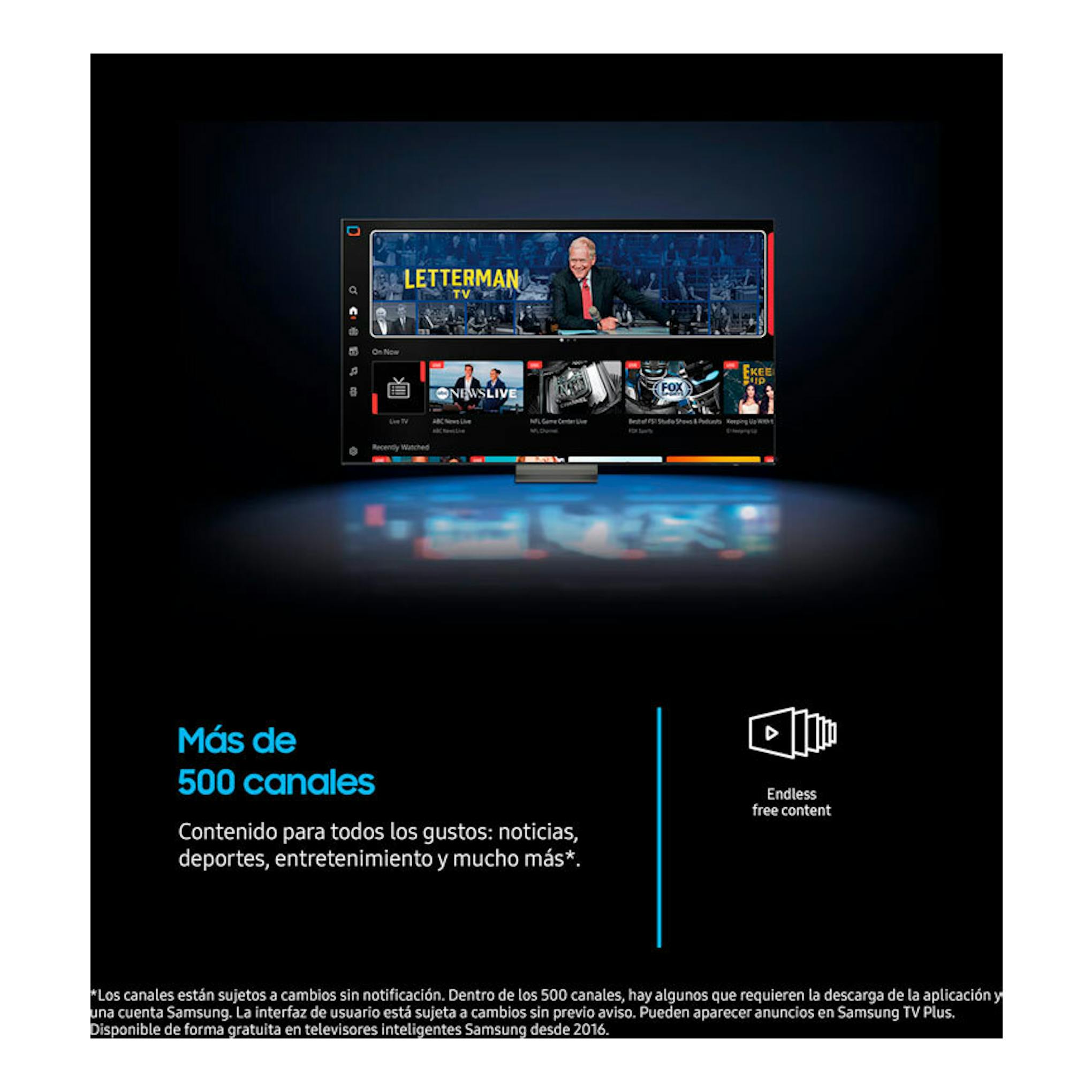 Televisor Samsung TU32H5005FKXXC en vista frontal, con interfaz de canales y texto promocional sobre fondo negro.
