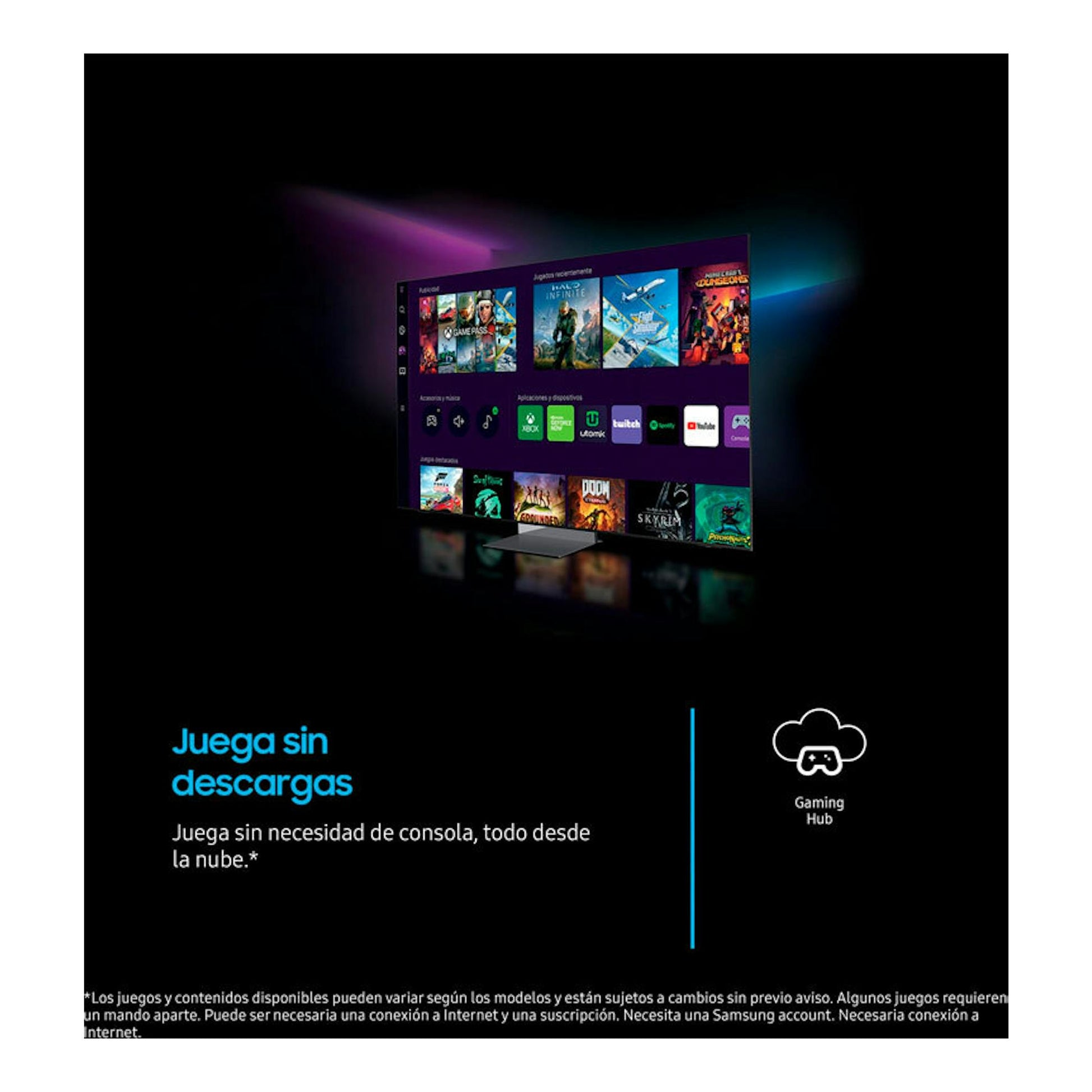Samsung TU43U7025FKXXC: televisor LED 4K de 43” en ángulo, sobre fondo negro, mostrando Gaming Hub.