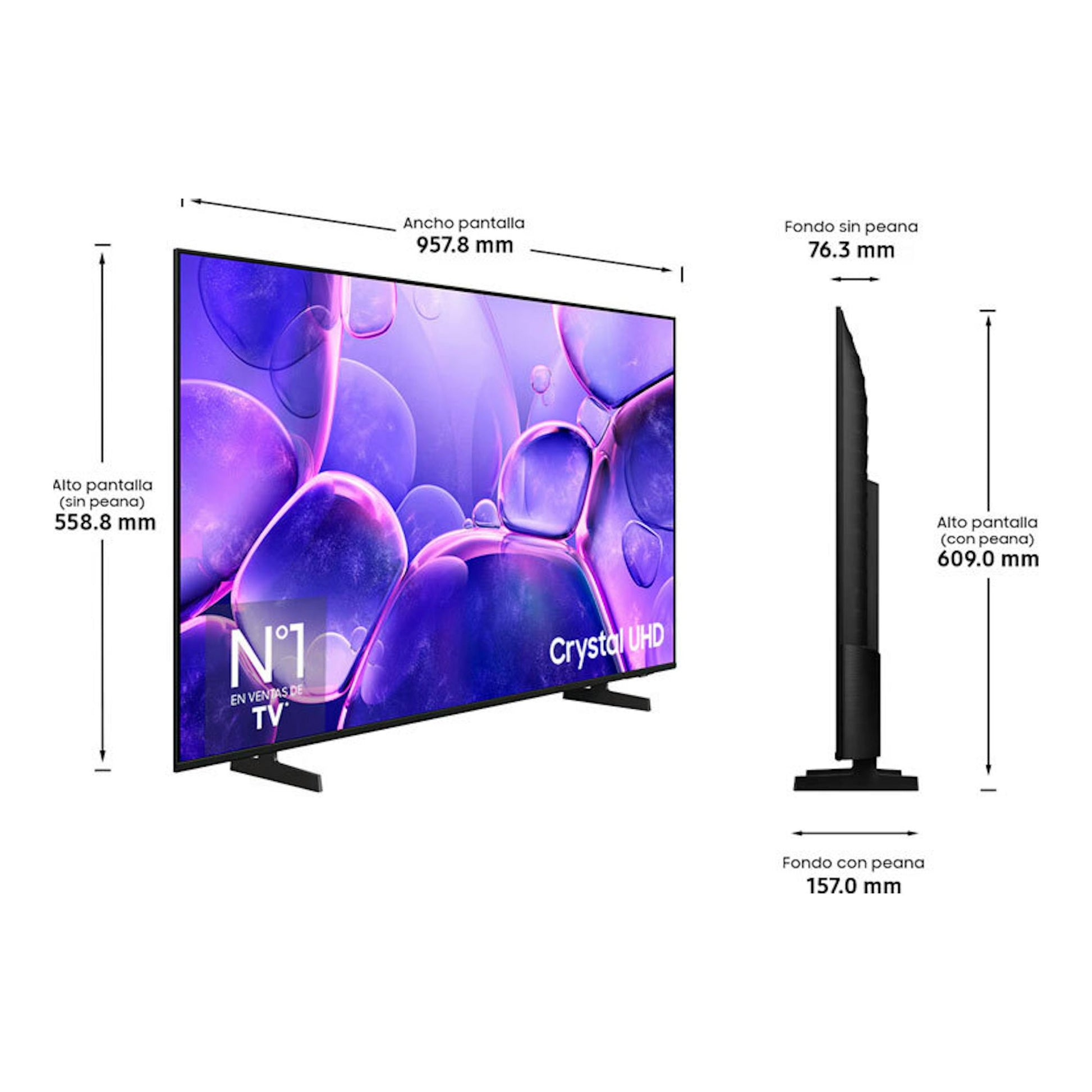 Samsung TU43U8005FUXXC, TV LED 4K de 43", vista frontal y lateral con dimensiones.