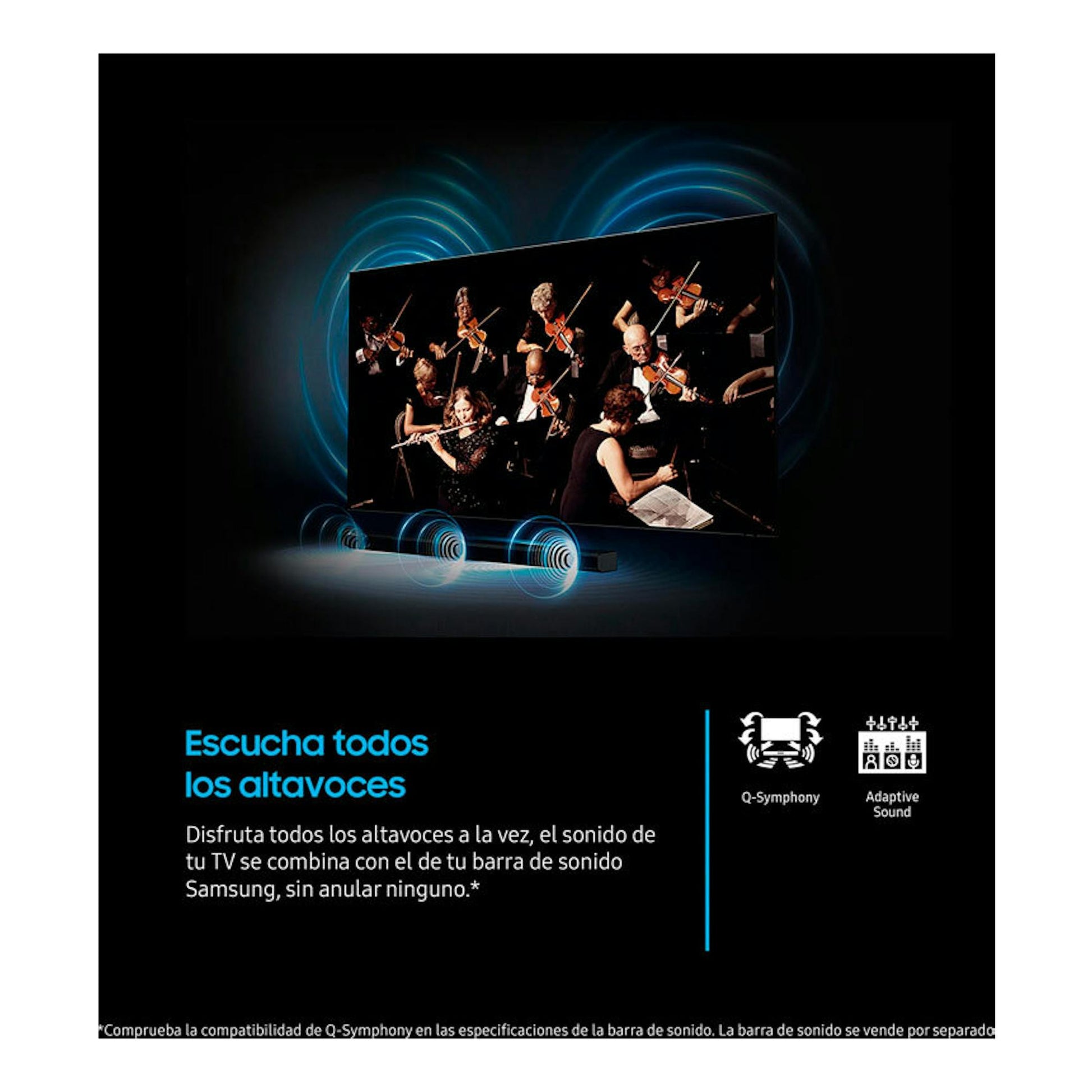 Samsung TU43U8005FUXXC LED 4K de 43", vista frontal, con orquesta en pantalla y ondas de sonido.