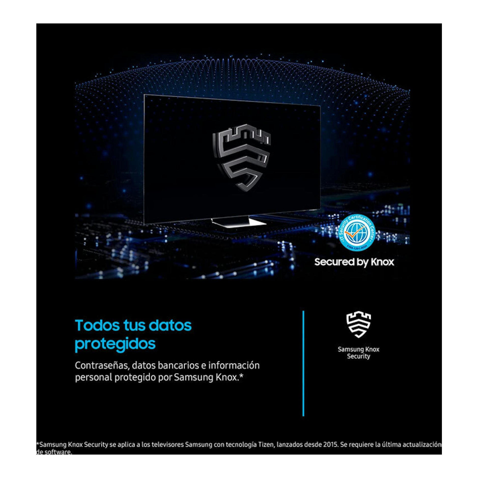 Vista frontal de un televisor Samsung con pantalla negra, logo Knox y fondo azul tecnológico; texto “Secured by Knox”.