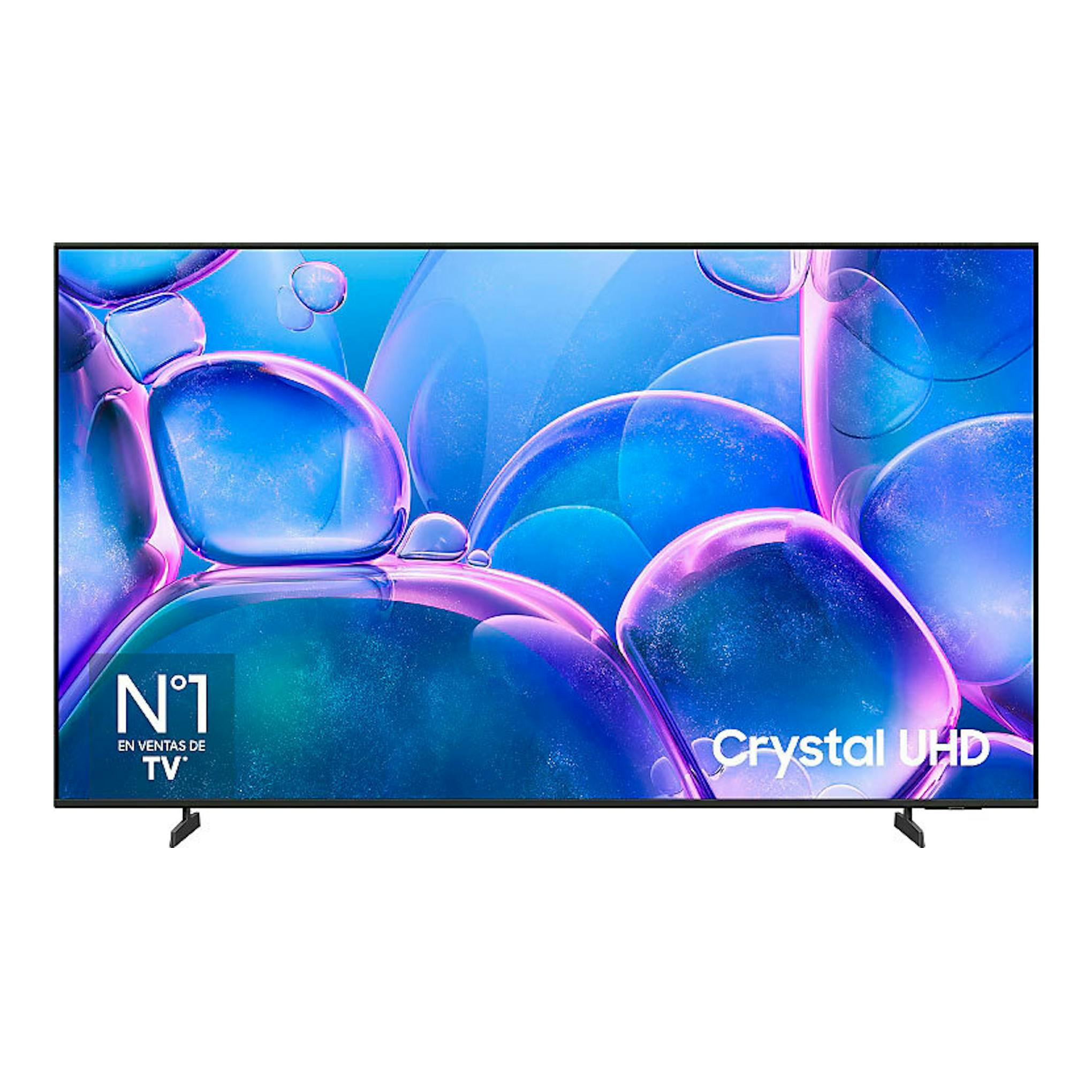 Samsung TU50U7005: televisor LED 4K de 50", vista frontal, negro, con pantalla azul y morada abstracta.