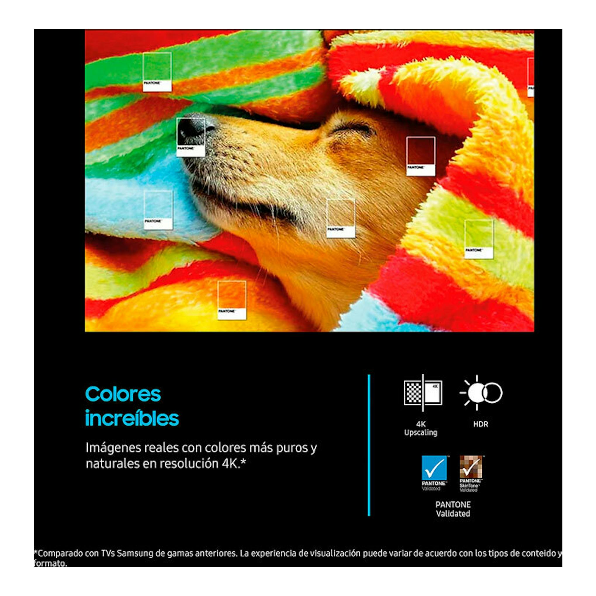 Samsung TU50U7005: pantalla con perro bajo manta multicolor y sellos 4K, HDR y Pantone.