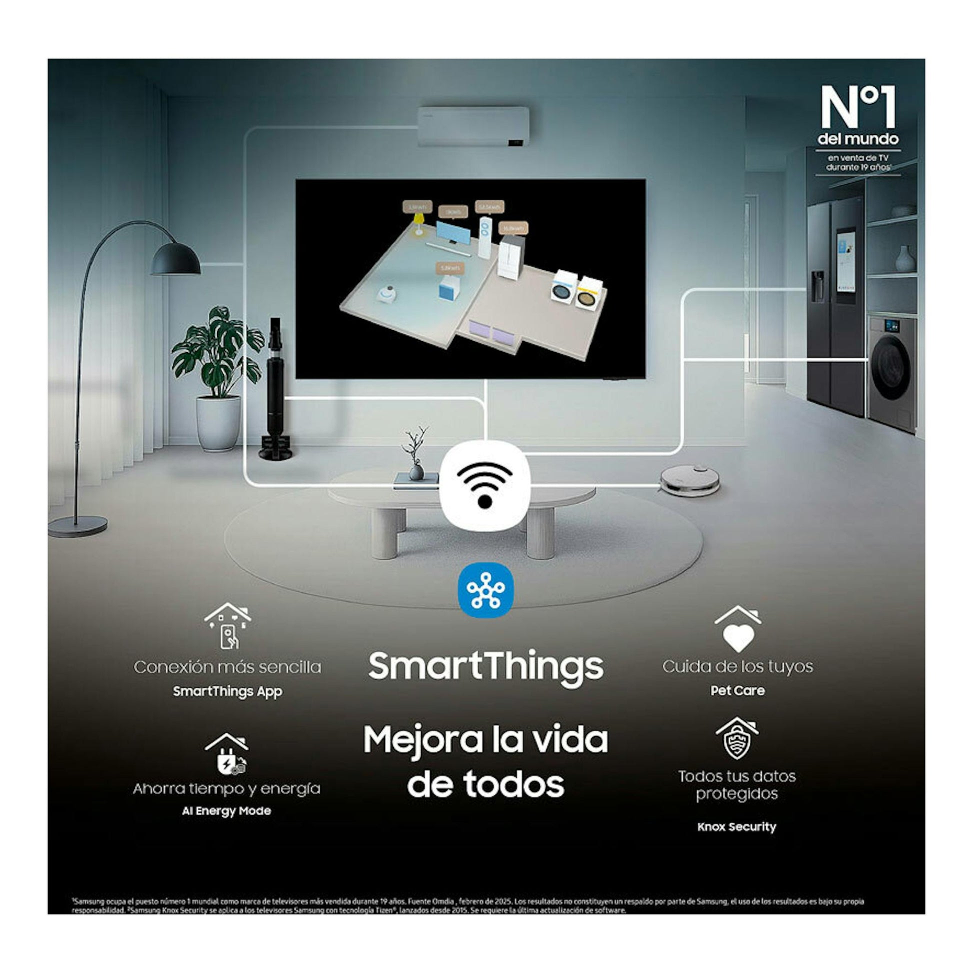 Samsung TU50U7005 TV LED 4K de 50 pulgadas, vista frontal en sala, con pantalla negra y SmartThings.