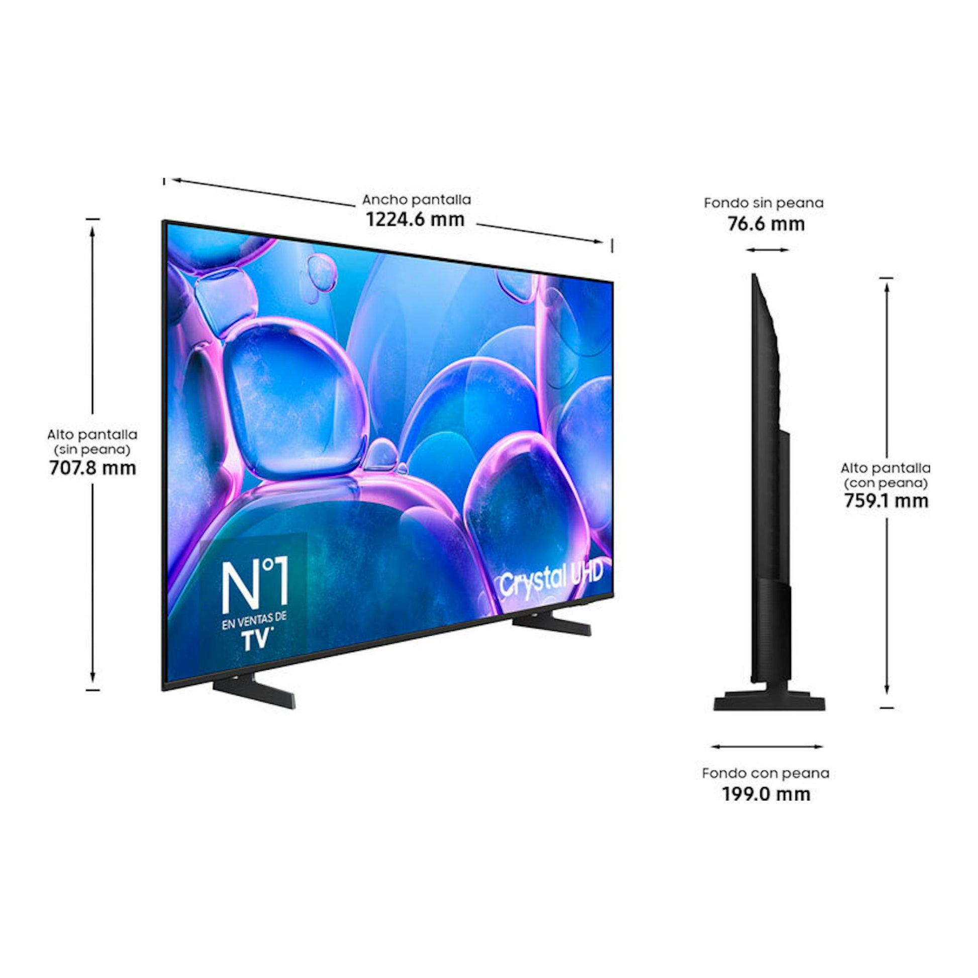 Samsung TU55U7025FKXXC Crystal UHD, TV LED 4K de 55”, vistas frontal y lateral en negro con medidas.