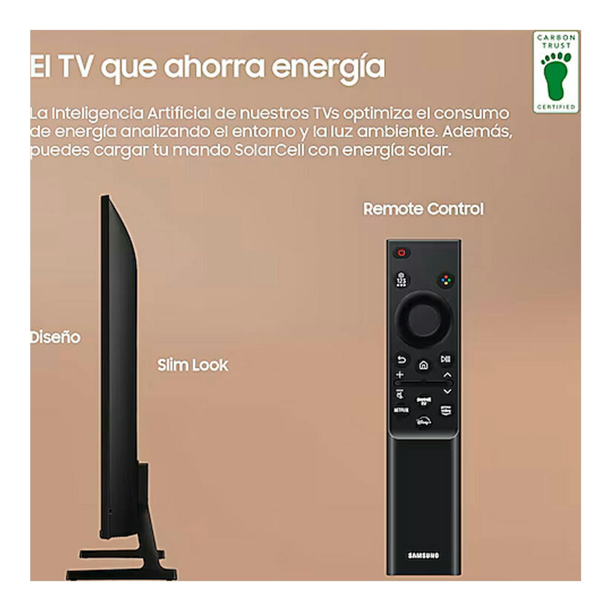 Samsung TU65DU7105KXXC: TV LED negro en vista lateral delgada y mando a distancia sobre fondo beige.