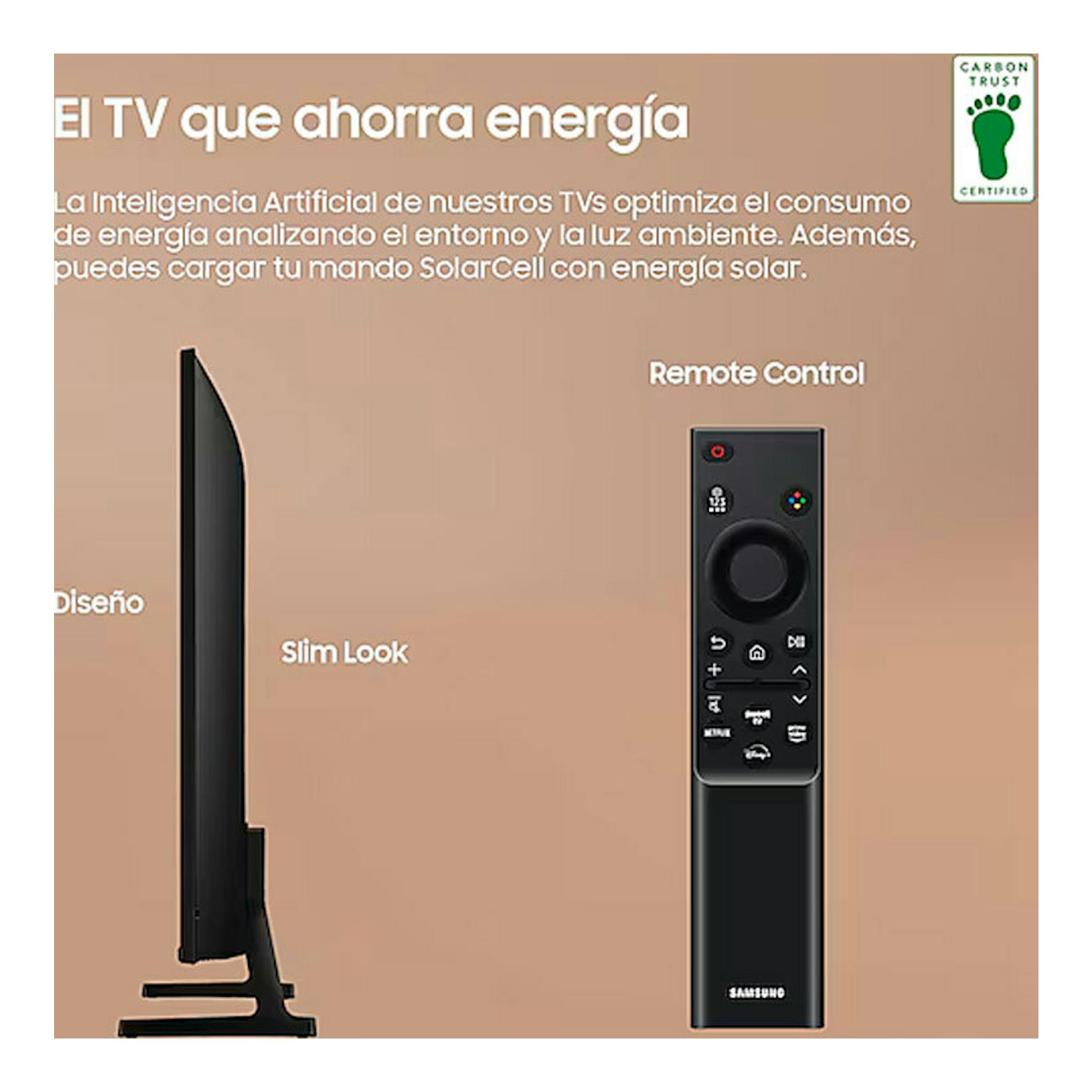 Samsung TU65DU7105KXXC: TV LED negro en vista lateral delgada y mando a distancia sobre fondo beige.