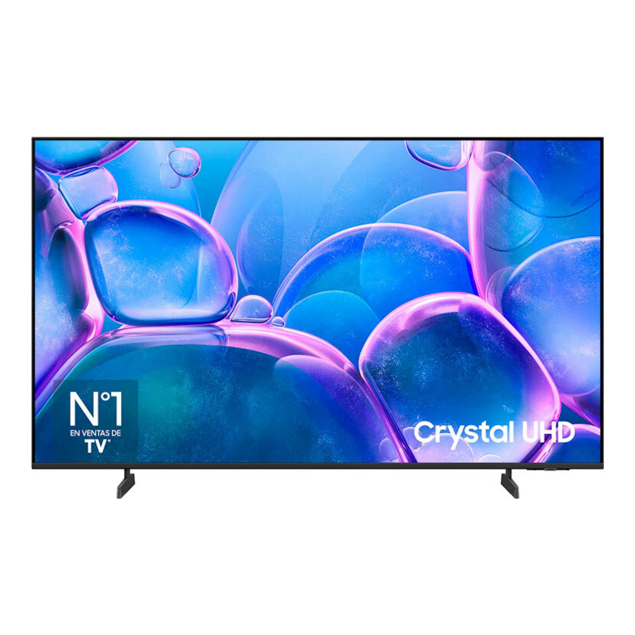 TV Samsung TU75U7025FKXXC de 75", vista frontal, marco negro y pantalla con fondo abstracto azul y morado.