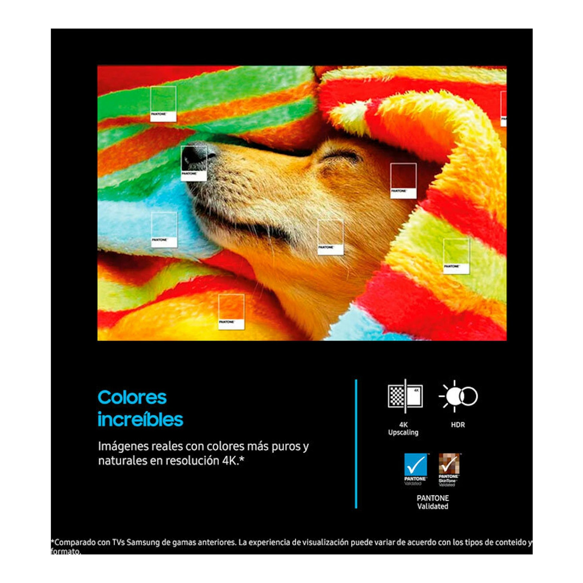 Samsung TU75U7025FKXXC: TV LED 4K de frente con imagen colorida de un perro y fondo negro con textos e iconos.