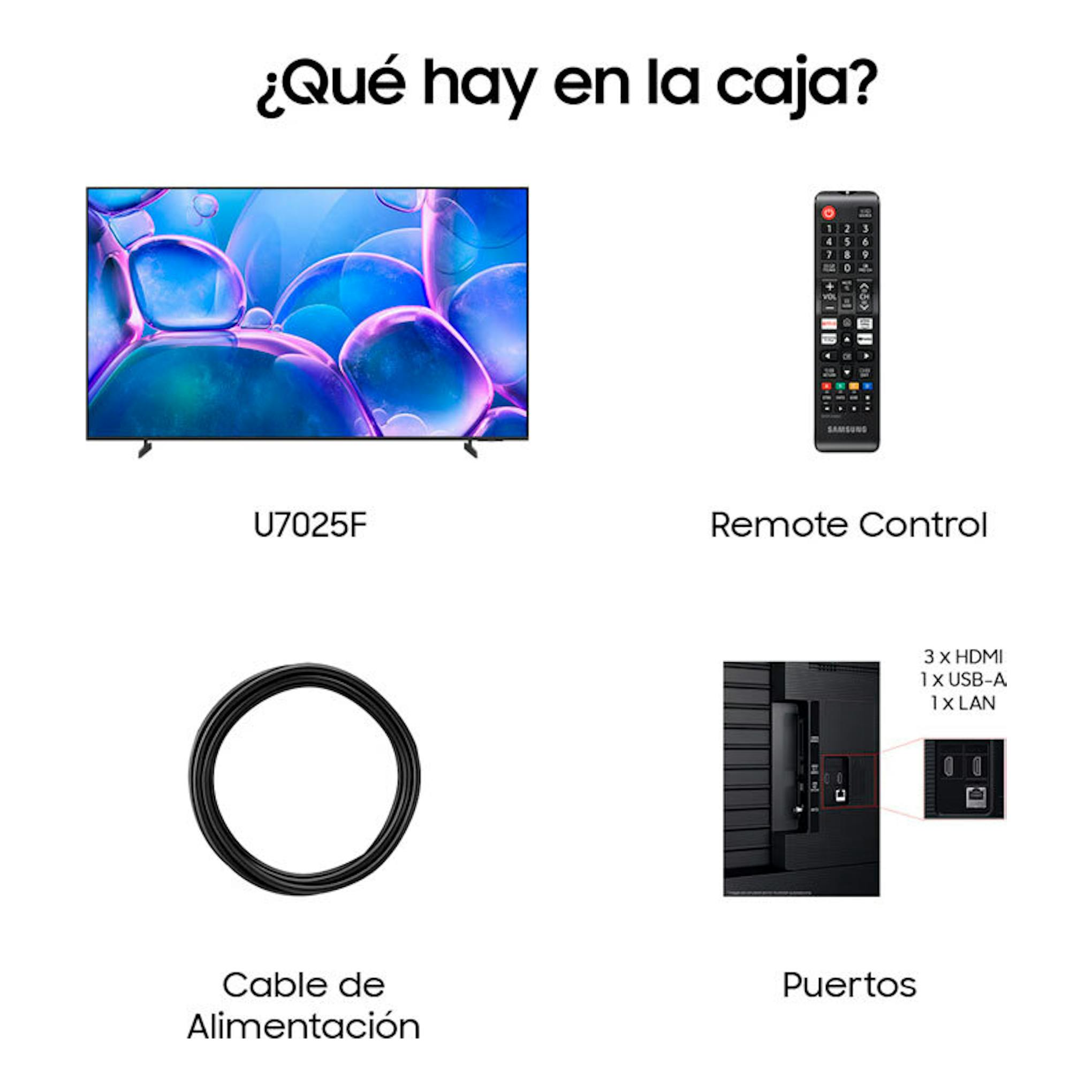 Samsung TU75U7025FKXXC/U7025F: TV LED 4K de frente, mando, cable de alimentación y puertos.