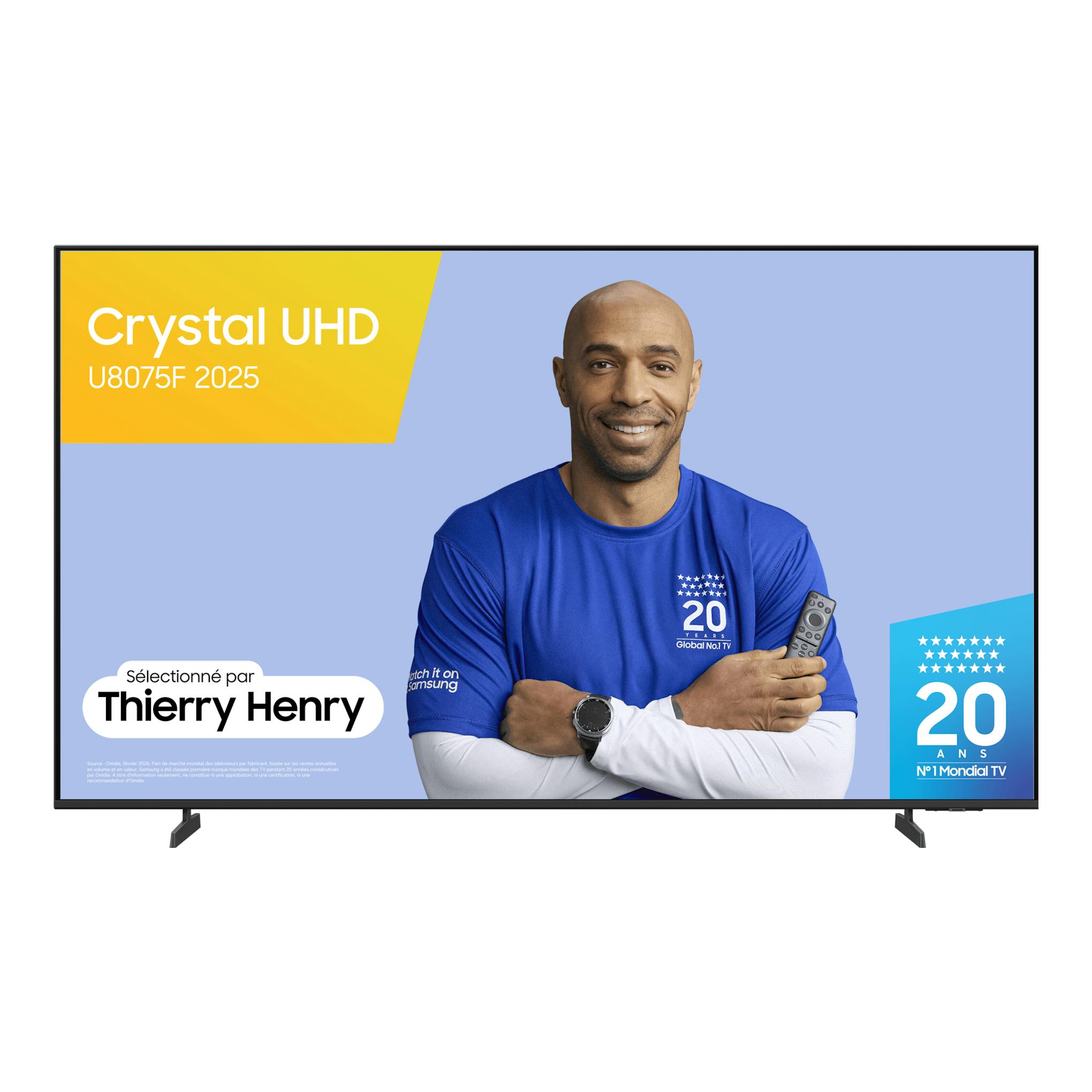 Televisor Samsung Crystal UHD U8075F, vista frontal, con Thierry Henry y un mando en pantalla.