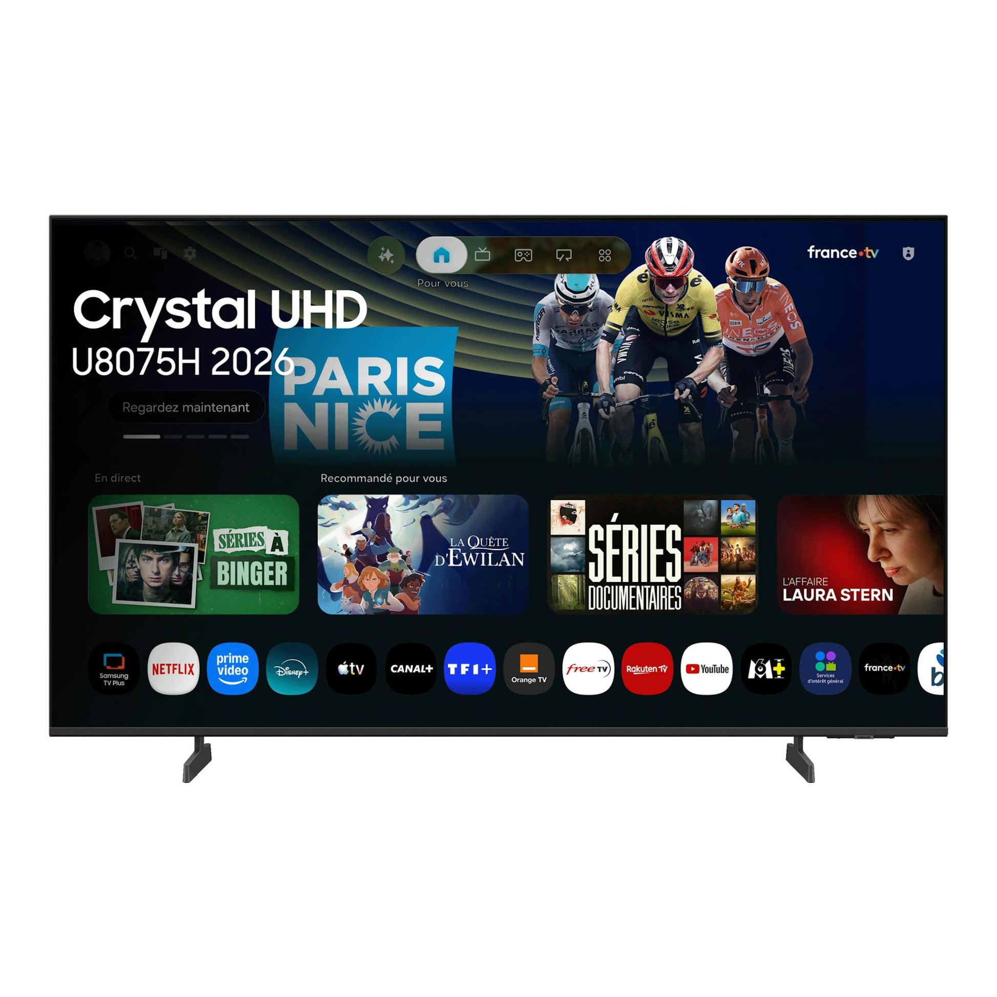 Televisor Samsung Crystal UHD U8075H, vista frontal, pantalla negra con interfaz Smart TV.