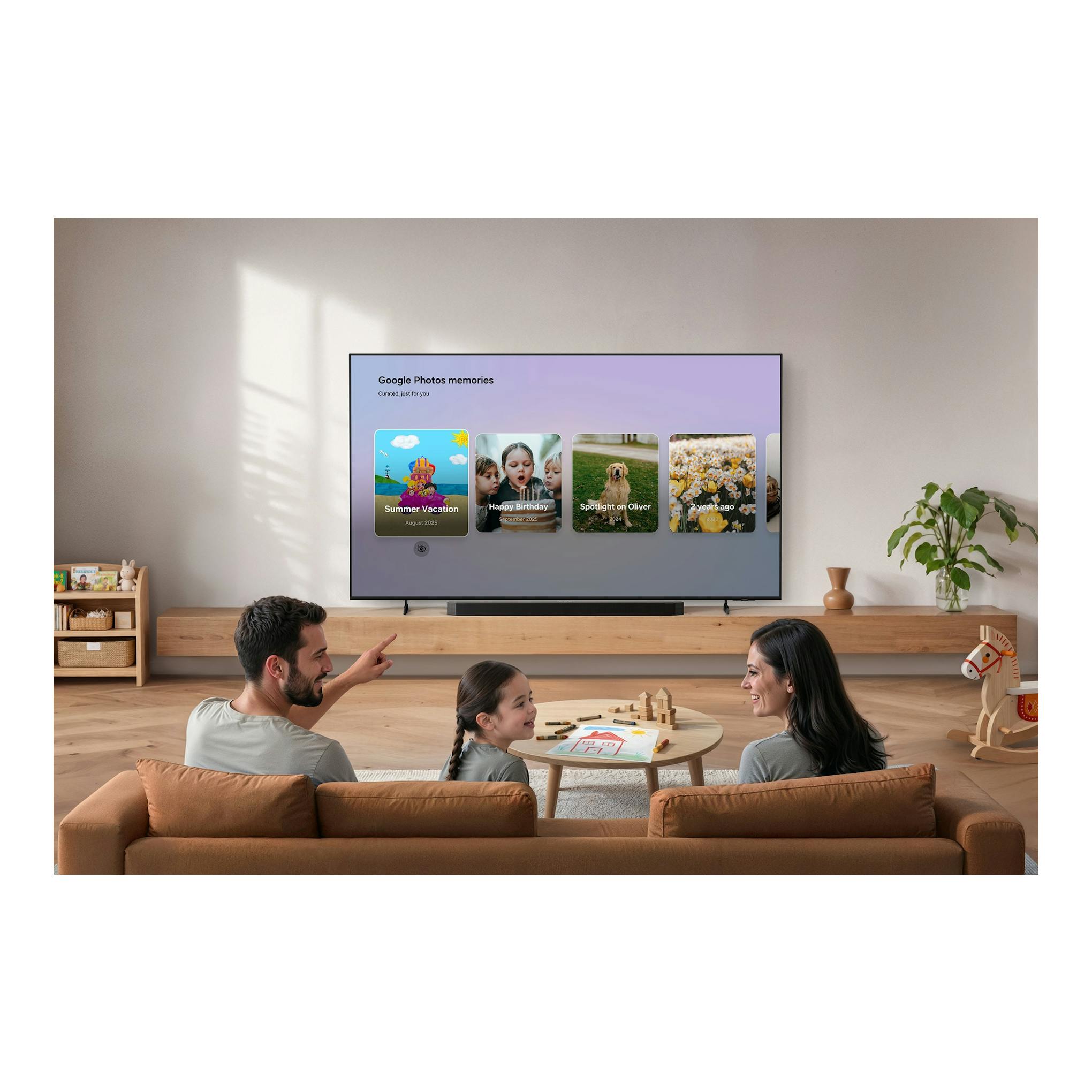 Televisor Samsung TU65U8075HUXXC de 65 pulgadas, montado en pared, con Google Photos en pantalla.