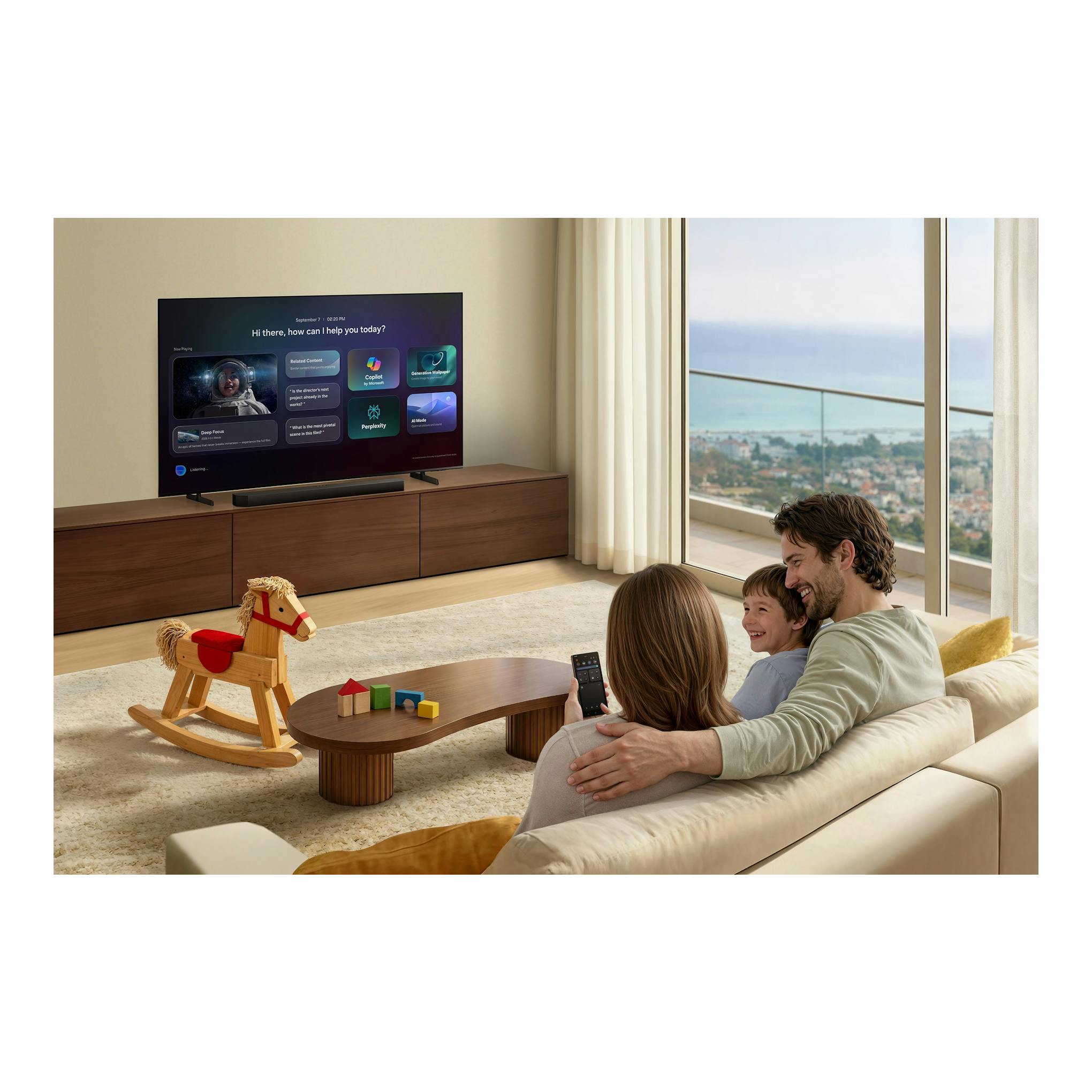 Televisor Samsung TU75U8075HUXXC, vista frontal, sobre mueble bajo, en salón moderno, con interfaz en pantalla.