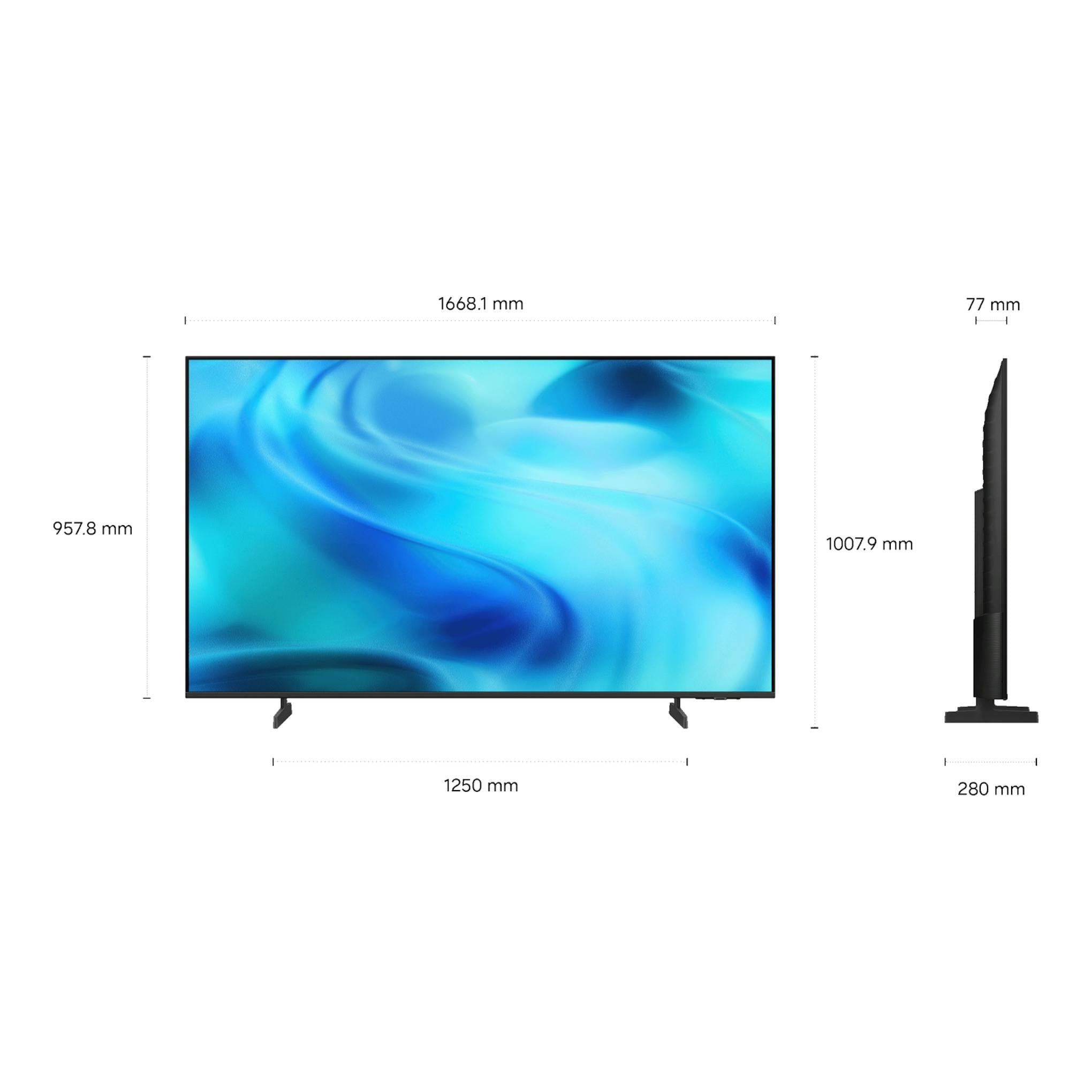 Televisor Samsung TU75U8075HUXXC negro, vista frontal y lateral, con pantalla azul y medidas en mm.