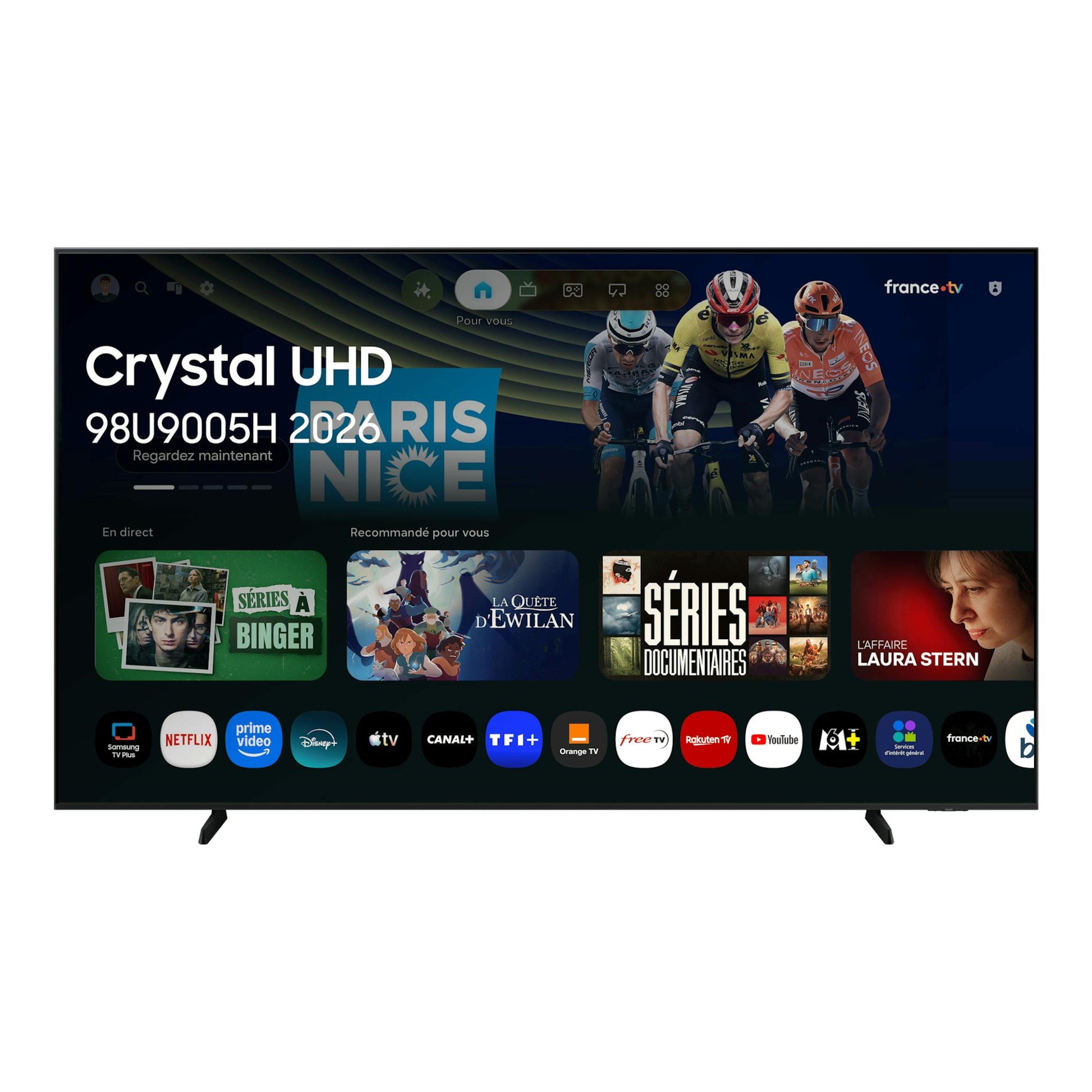 Televisor Samsung TU98U9005HUXXC, vista frontal, pantalla encendida con interfaz Crystal UHD.