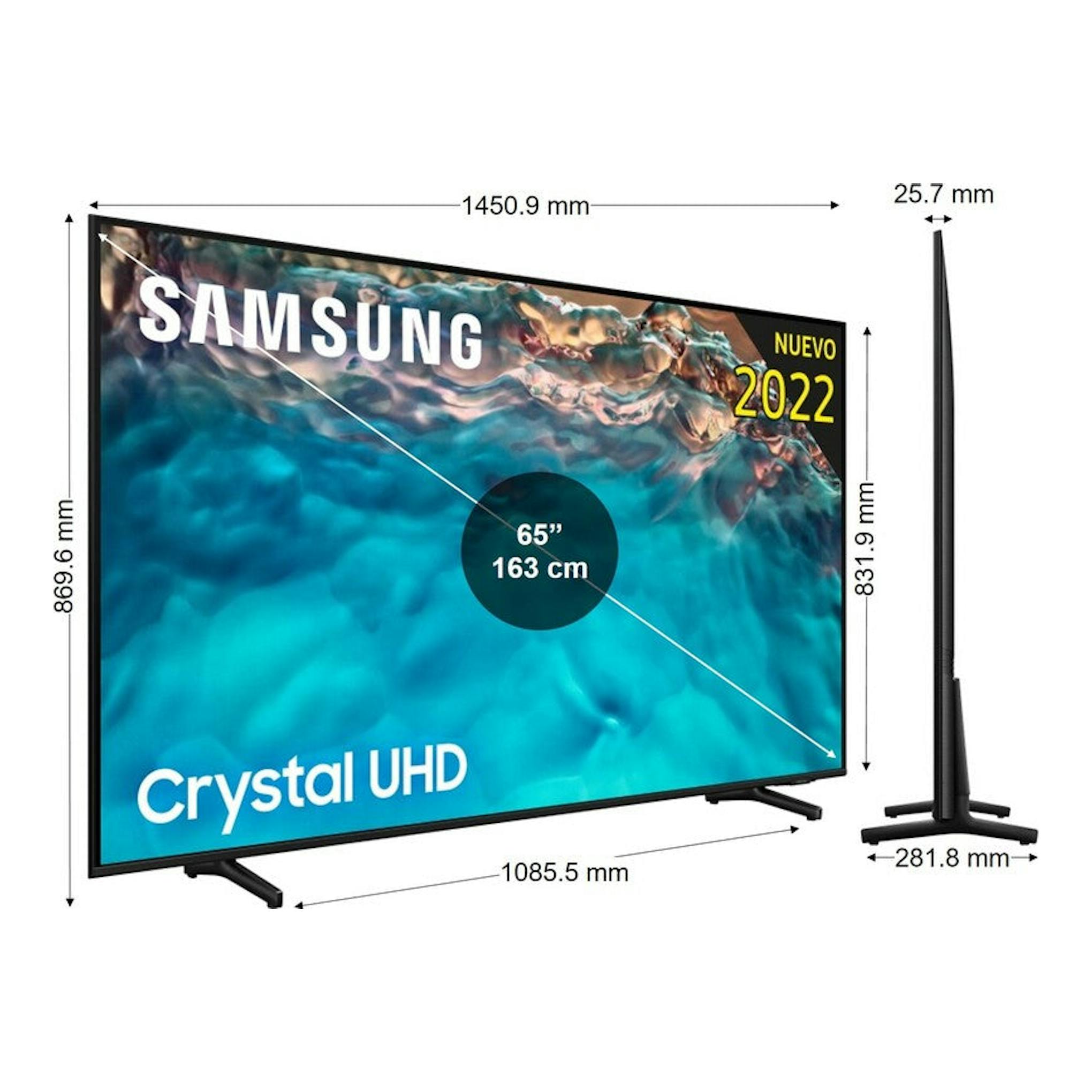 Samsung UE65BU8000KXXC Crystal UHD 65″, vista frontal y lateral de TV negra con peana.