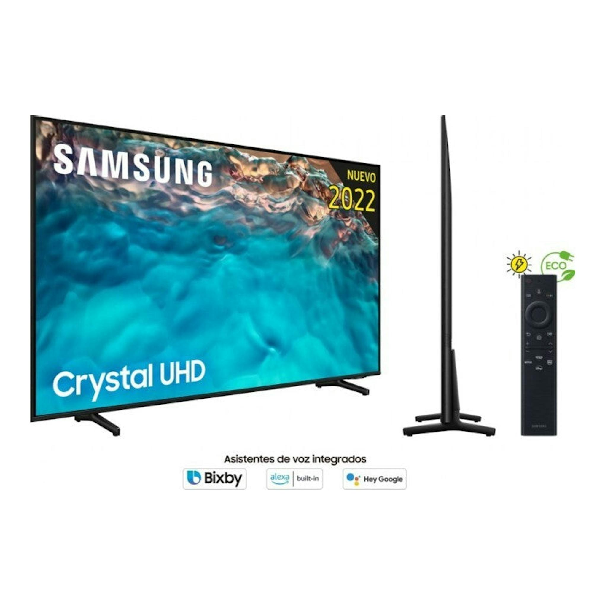 Samsung UE65BU8000KXXC, TV Crystal UHD negra en vista frontal y lateral, con mando a distancia.