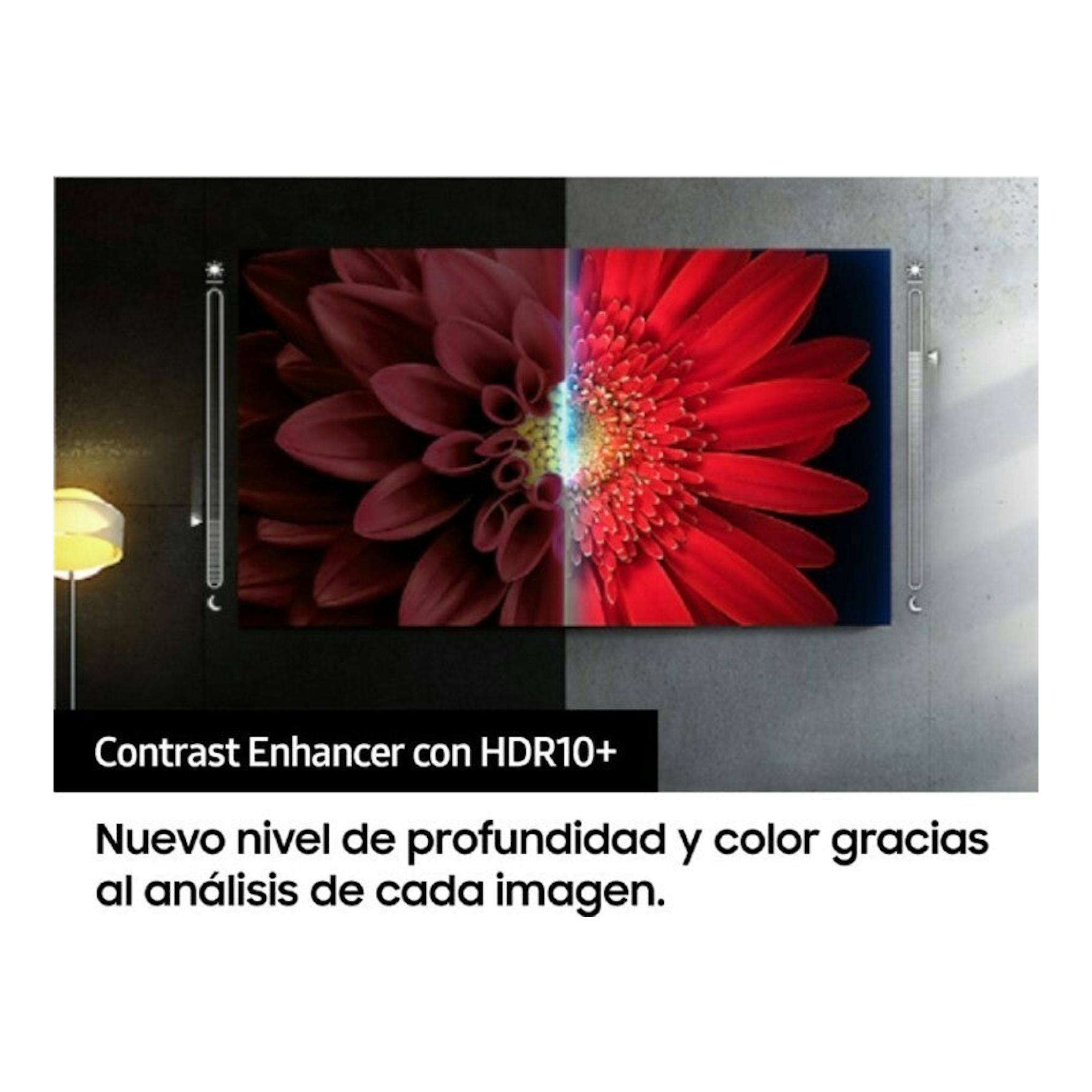 Televisor Samsung UE65BU8000KXXC en vista frontal, mostrando una flor roja partida sobre fondo negro y gris.