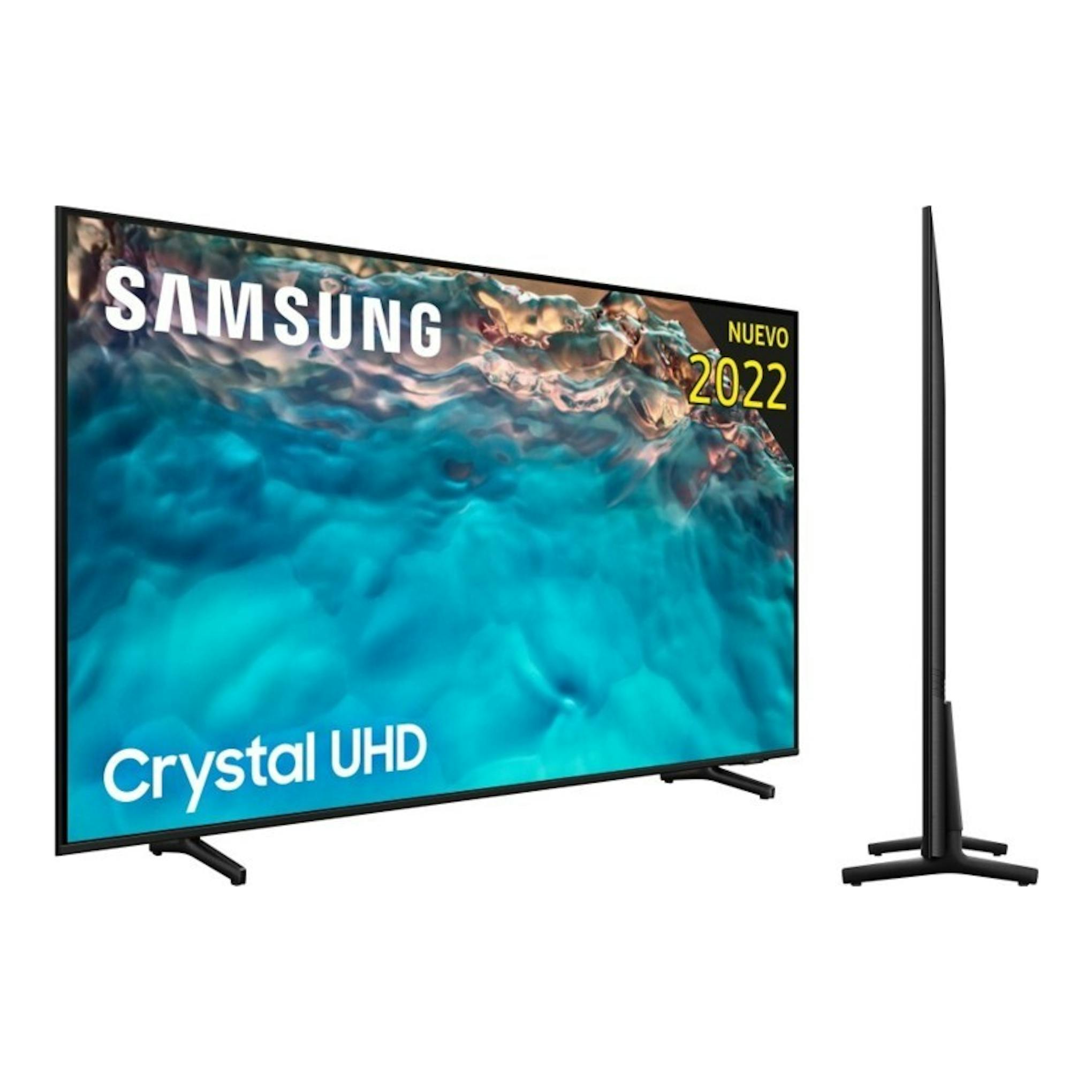 TV Samsung UE65BU8000KXXC Crystal UHD 65'' en vista frontal y lateral, negra, con soporte de patas.